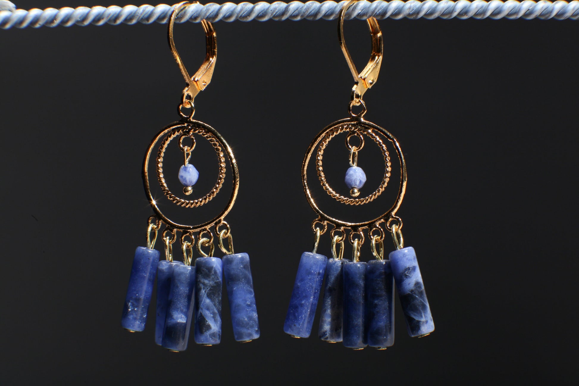 Genuine Sodalite Dangling Tube Gold Plated Chandelier Earrings, Bridesmaids, Boho, Handmade Gemstone, Leverback Earwire, Gift for Her