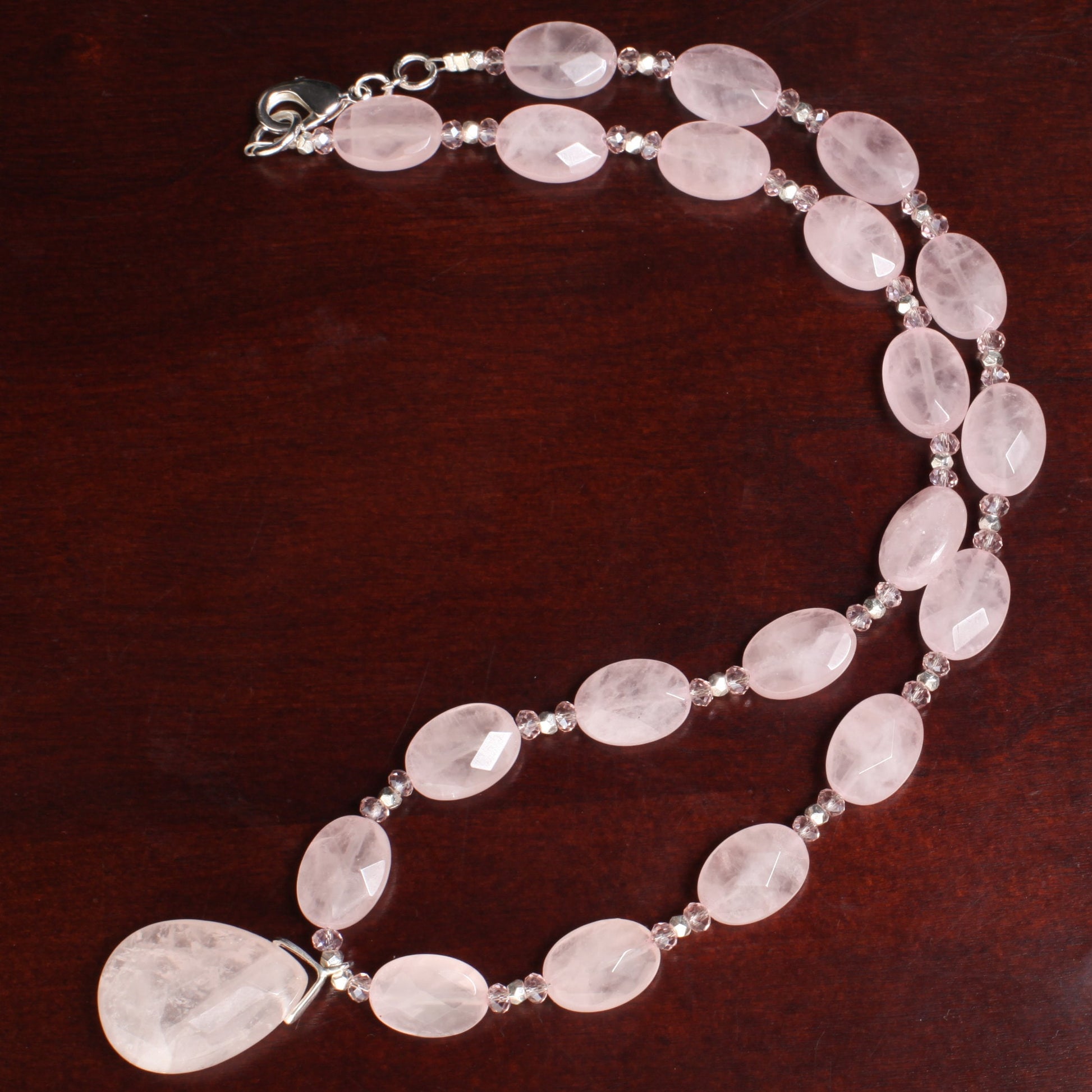 Madagascar Rose Quartz 10x14mm Faceted Oval with 18x25mm Faceted Teardrop Centerpiece Pendant 16" Necklace with 3" Extension Chain