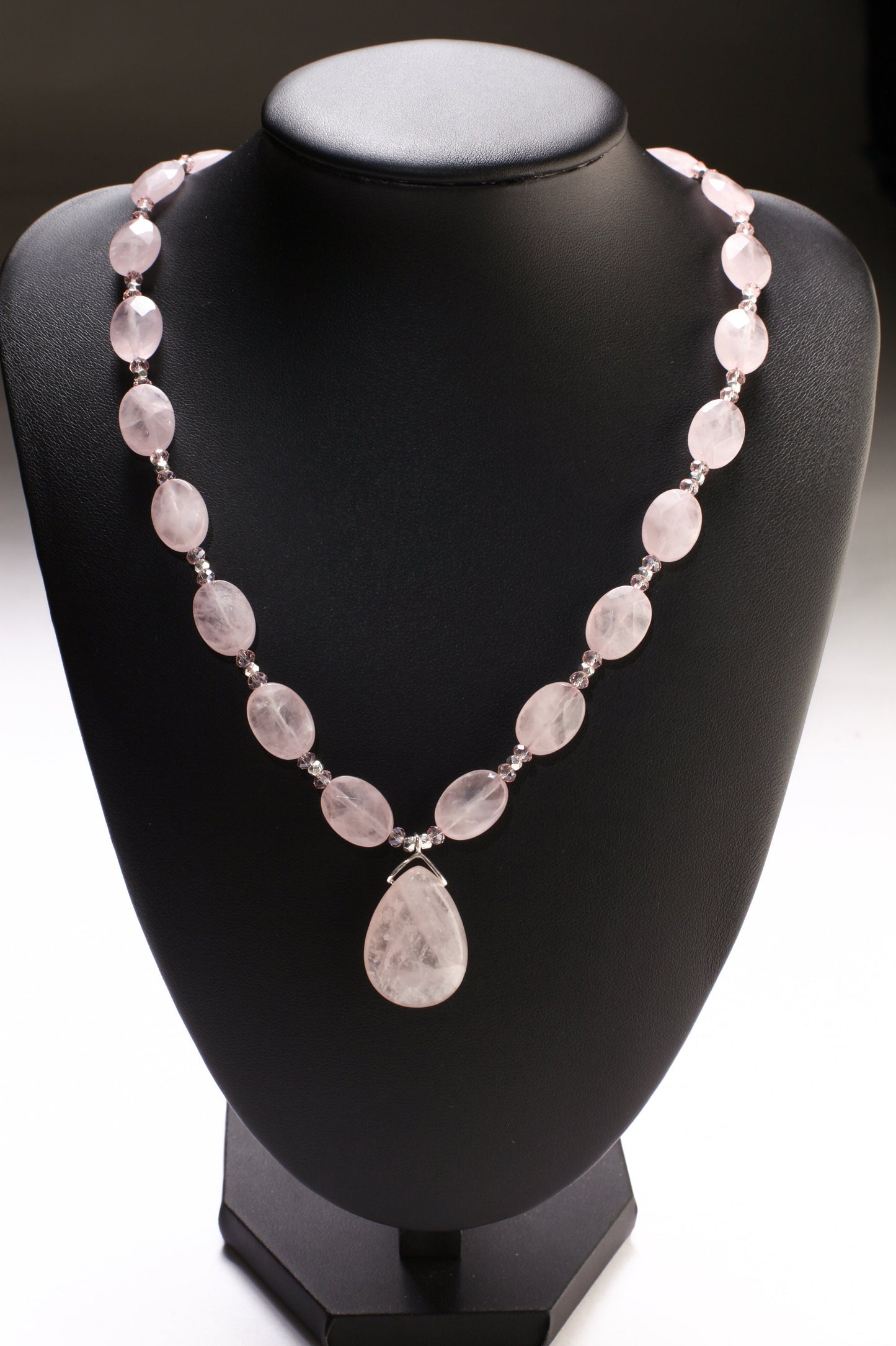 Madagascar Rose Quartz 10x14mm Faceted Oval with 18x25mm Faceted Teardrop Centerpiece Pendant 16" Necklace with 3" Extension Chain