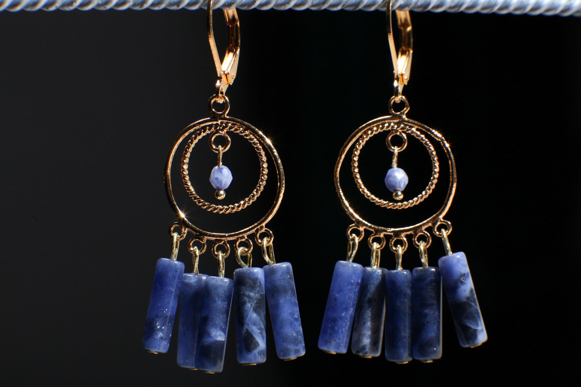 Genuine Sodalite Dangling Tube Gold Plated Chandelier Earrings, Bridesmaids, Boho, Handmade Gemstone, Leverback Earwire, Gift for Her