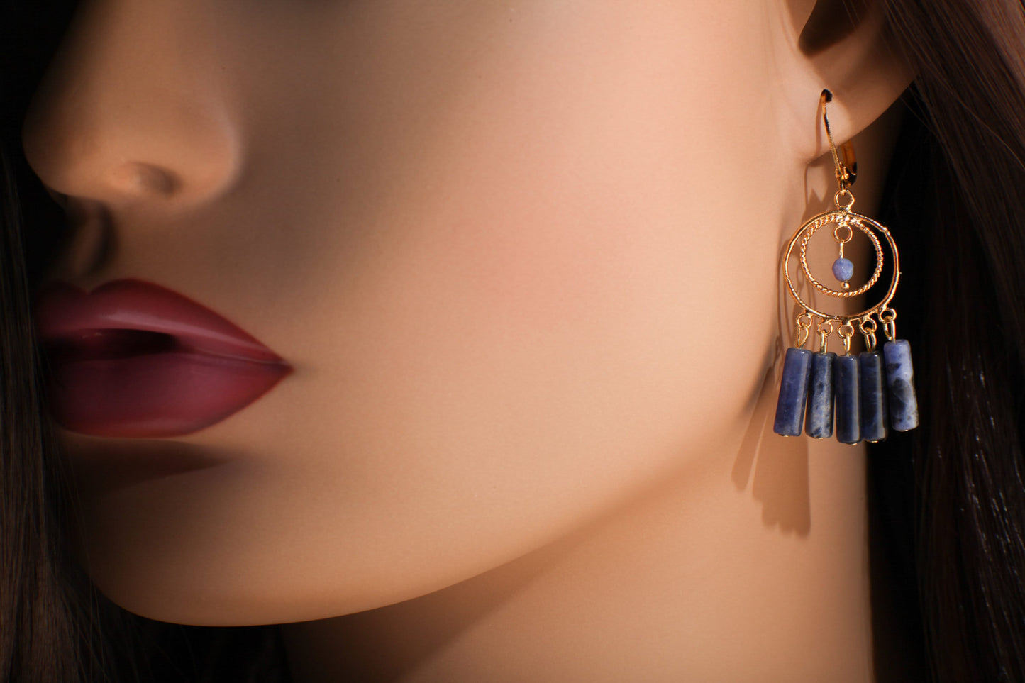 Genuine Sodalite Dangling Tube Gold Plated Chandelier Earrings, Bridesmaids, Boho, Handmade Gemstone, Leverback Earwire, Gift for Her