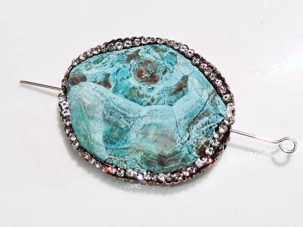 Blue Ocean Jasper 30x38x8mm Free Form Oval, Rhinestone Crystal Pave Pendant, focal bead, center piece for jewelry making. 1 piece