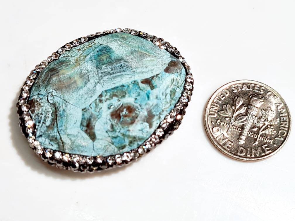 Blue Ocean Jasper 30x38x8mm Free Form Oval, Rhinestone Crystal Pave Pendant, focal bead, center piece for jewelry making. 1 piece