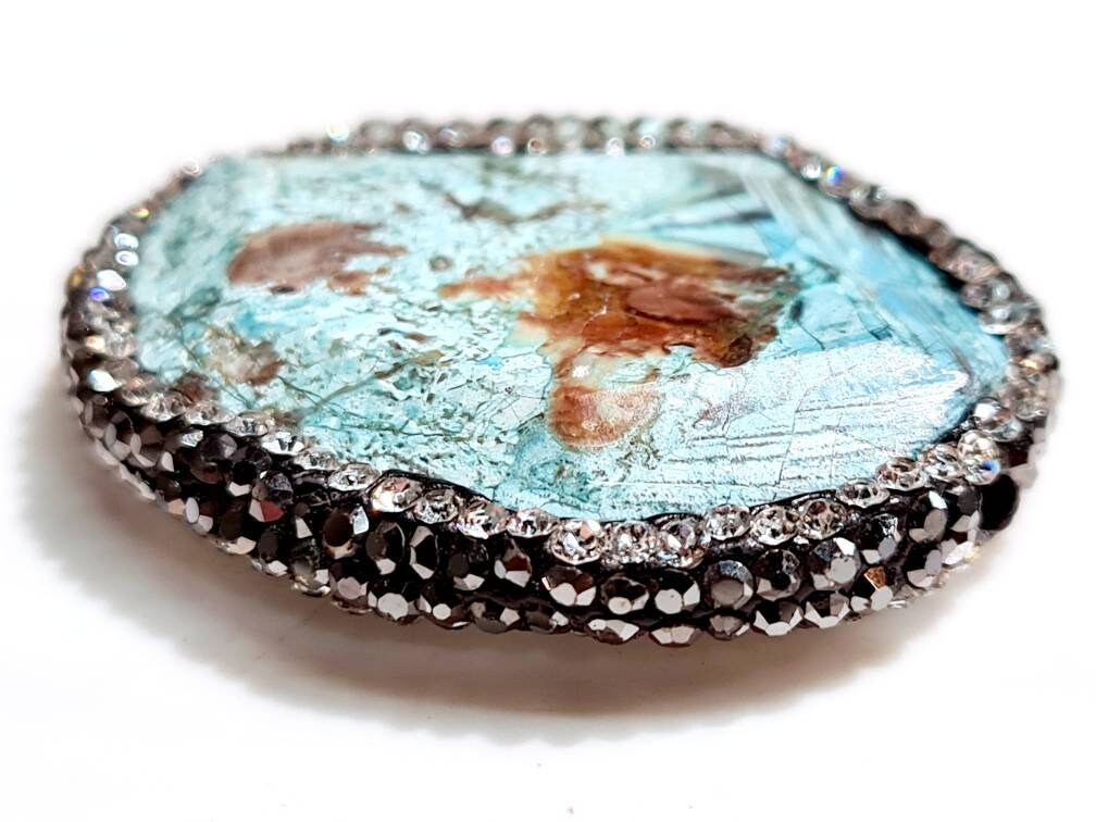 Blue Ocean Jasper 30x38x8mm Free Form Oval, Rhinestone Crystal Pave Pendant, focal bead, center piece for jewelry making. 1 piece