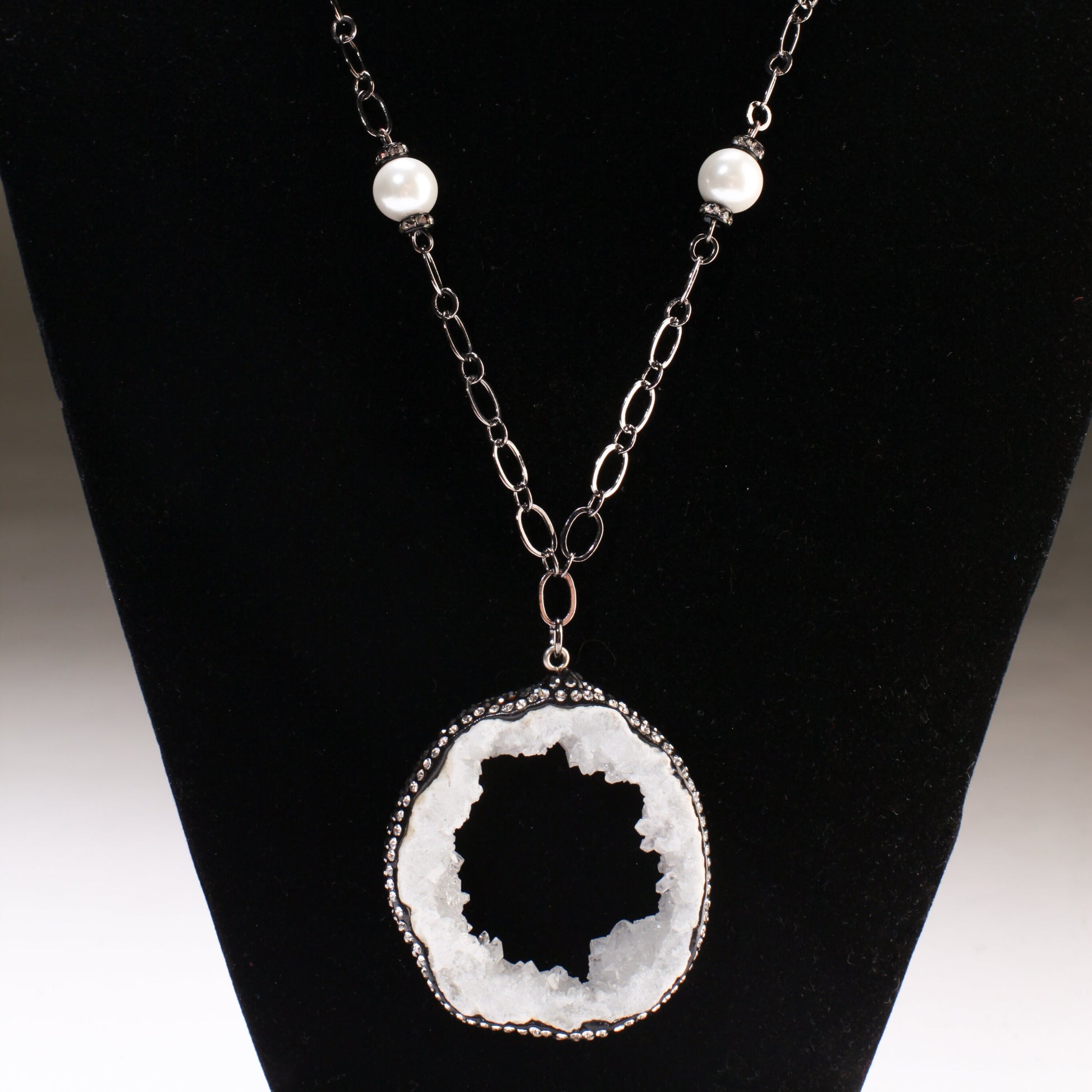 White Druzy Agate, Geod Pendant 53x47mm, CZ Rhinestone Pave, Accent with 10mm South Seashell Pearl 20.5" gunmetal oxidized Necklace