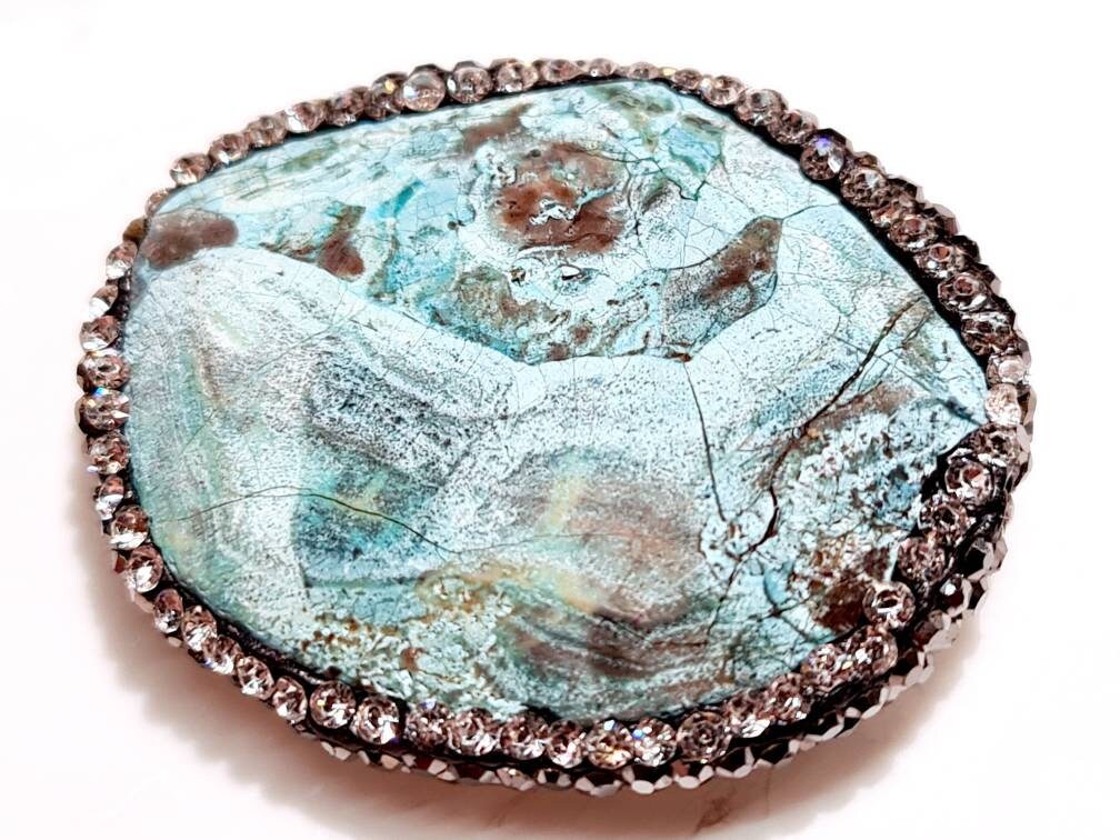 Blue Ocean Jasper 30x38x8mm Free Form Oval, Rhinestone Crystal Pave Pendant, focal bead, center piece for jewelry making. 1 piece