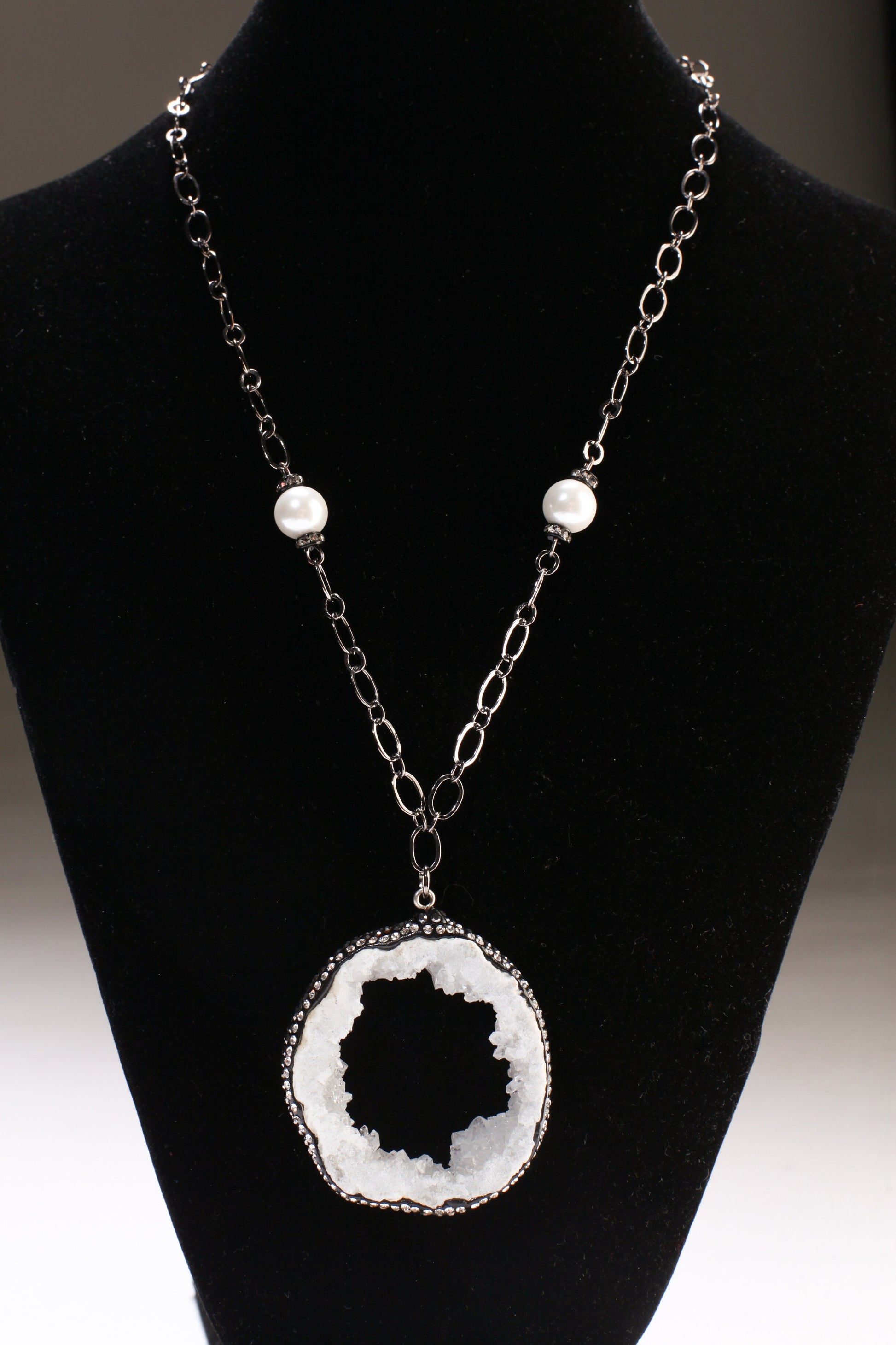 White Druzy Agate, Geod Pendant 53x47mm, CZ Rhinestone Pave, Accent with 10mm South Seashell Pearl 20.5" gunmetal oxidized Necklace