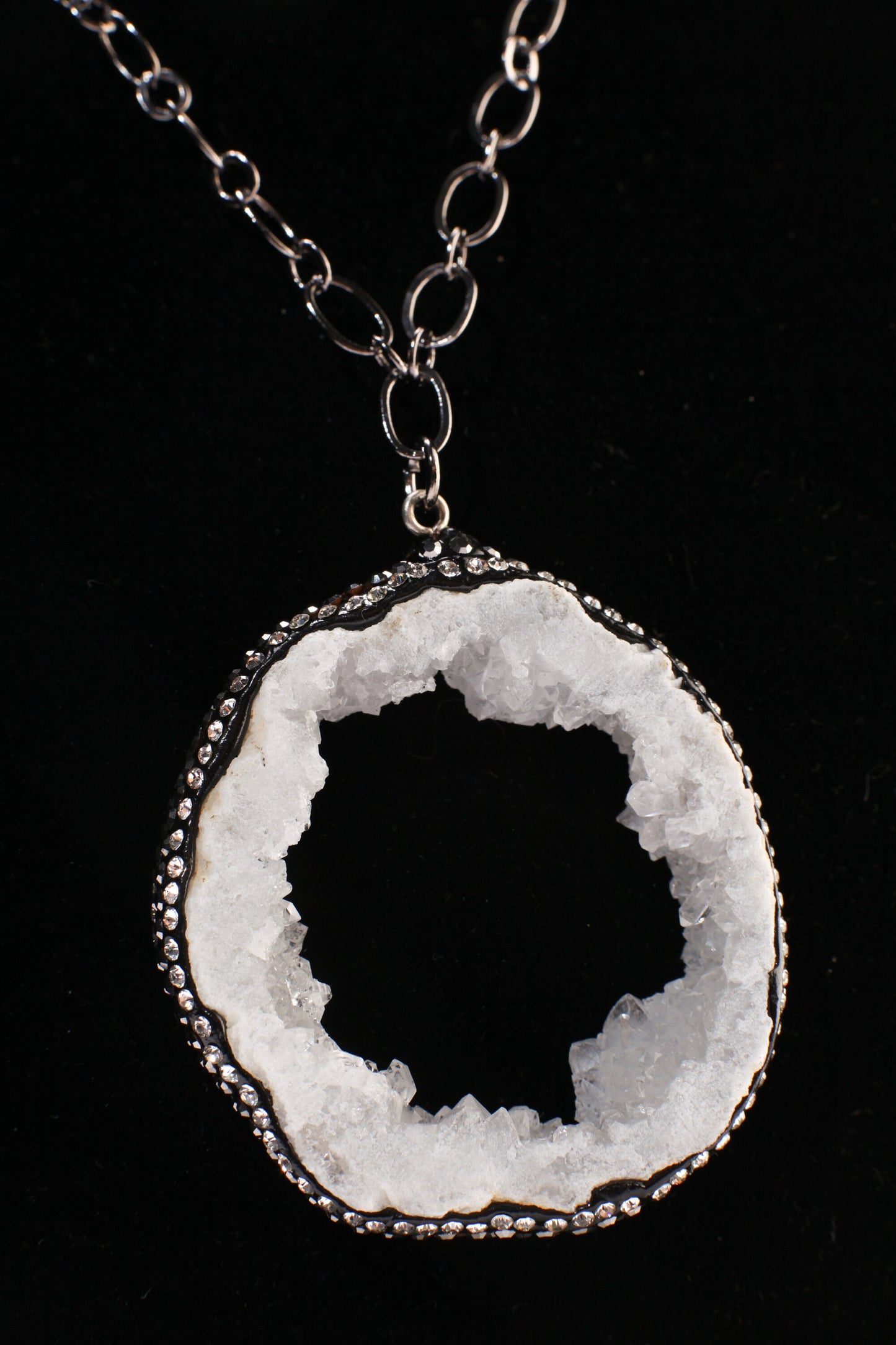 White Druzy Agate, Geod Pendant 53x47mm, CZ Rhinestone Pave, Accent with 10mm South Seashell Pearl 20.5" gunmetal oxidized Necklace