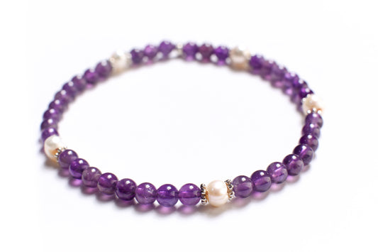 Natural Amethyst Round 4mm with Freshwater Pearl Rondelle Gemstone Bracelet, Healing Crystal, Yoga, Energy, Stretchy, Soothing Bracelet Gift