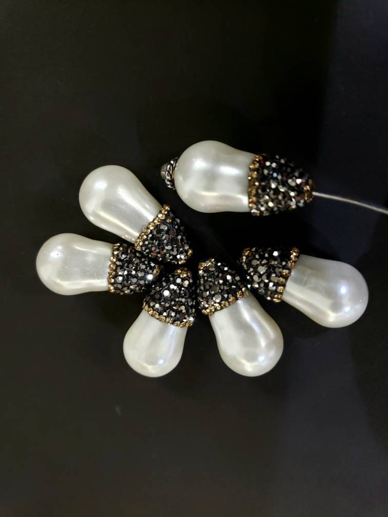 South Seashell Pearl 12x23mm with black sparkling crystal & gold line crystal top to bottom drilled, focal pendants or earring, 1 pc