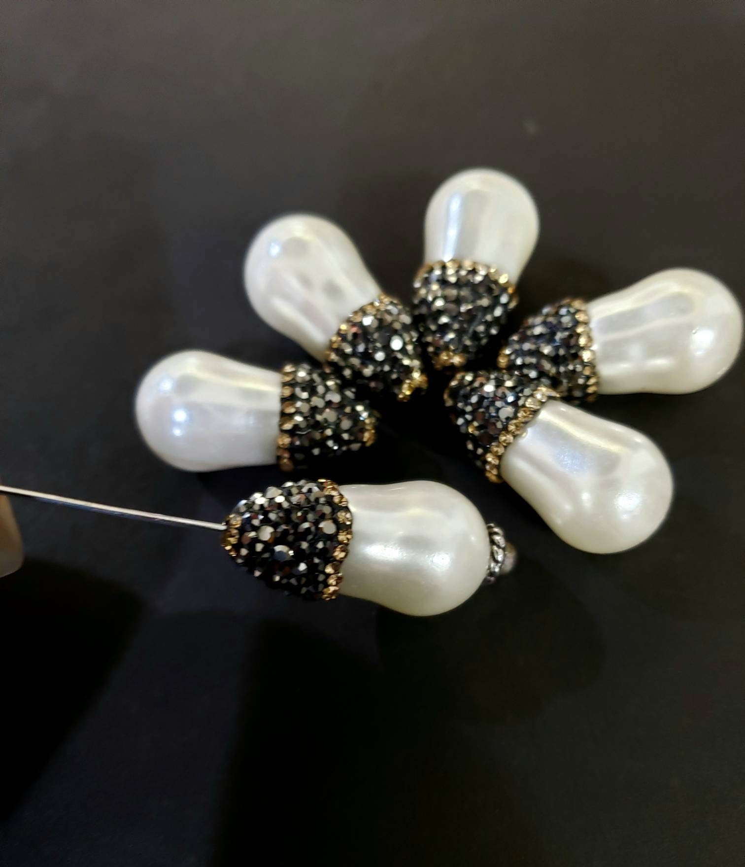 South Seashell Pearl 12x23mm with black sparkling crystal & gold line crystal top to bottom drilled, focal pendants or earring, 1 pc