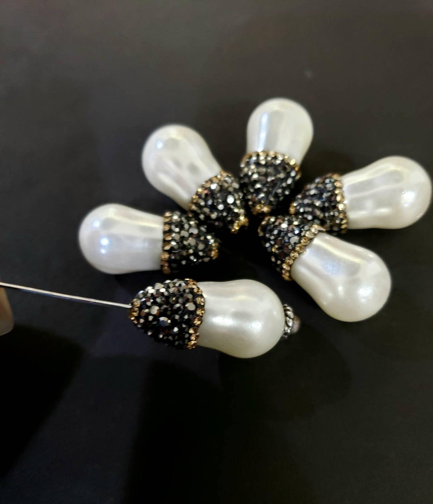 South Seashell Pearl 12x23mm with black sparkling crystal & gold line crystal top to bottom drilled, focal pendants or earring, 1 pc