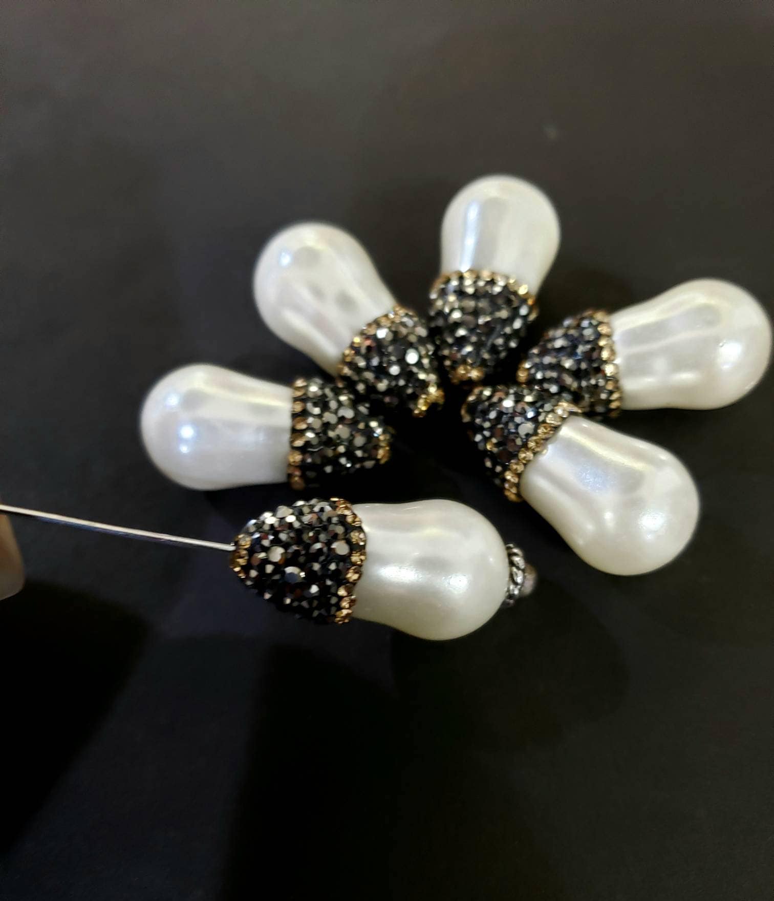 South Seashell Pearl 12x23mm with black sparkling crystal & gold line crystal top to bottom drilled, focal pendants or earring, 1 pc