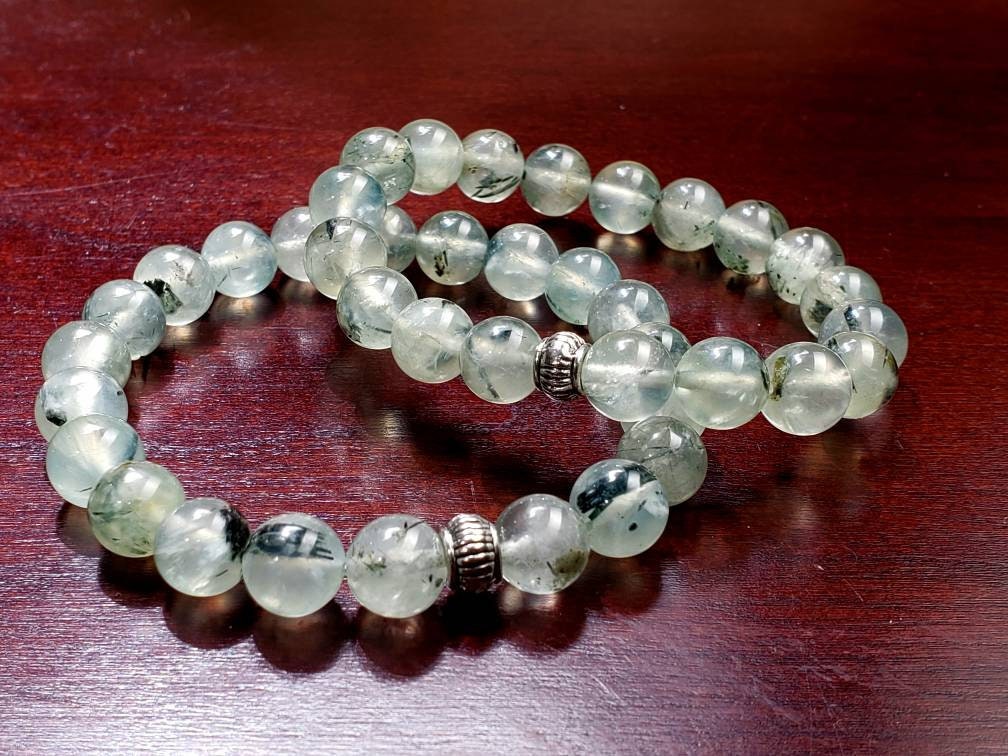 Natural Prehnite, Green Tourmalinated Quartz 8mm Smooth Round Stretchy Bracelet, Healing Gems, Chakra Gift for Her