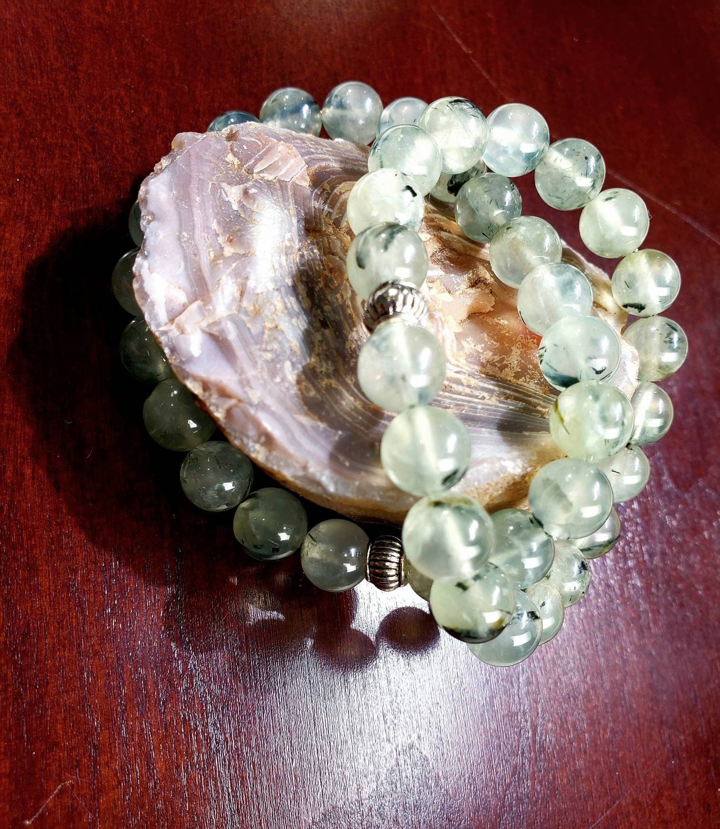 Natural Prehnite, Green Tourmalinated Quartz 8mm Smooth Round Stretchy Bracelet, Healing Gems, Chakra Gift for Her