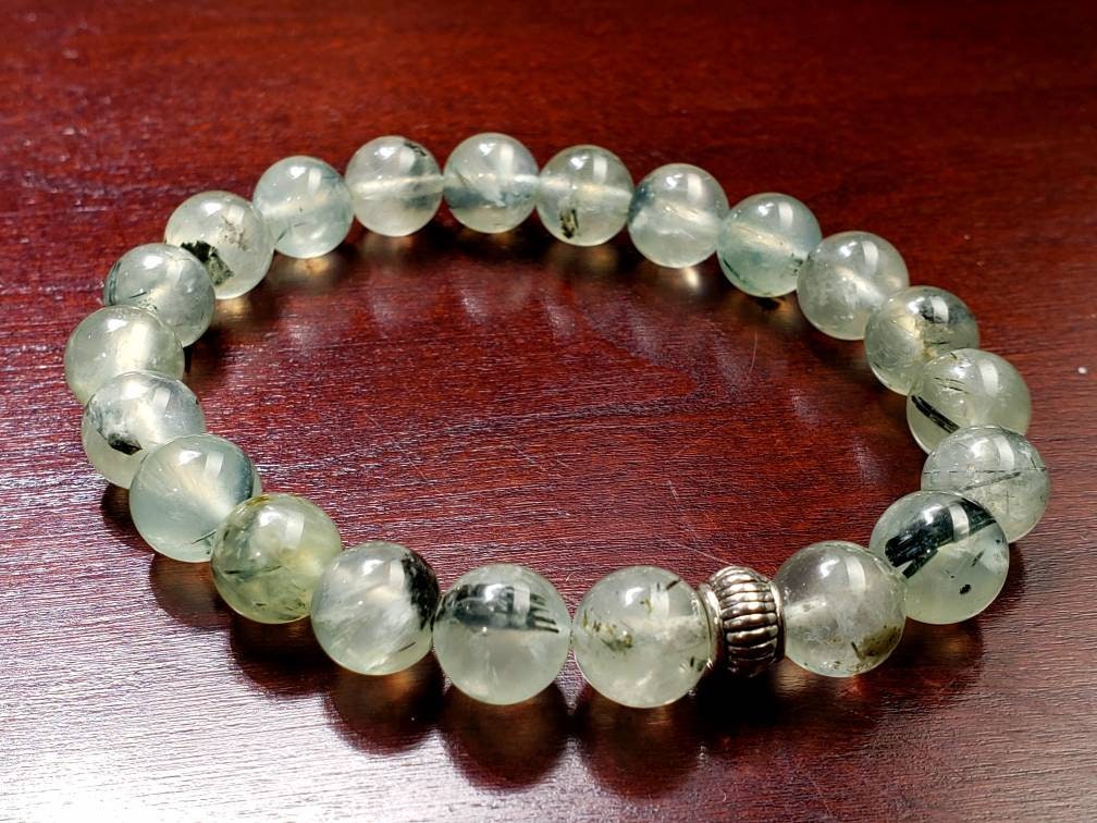 Natural Prehnite, Green Tourmalinated Quartz 8mm Smooth Round Stretchy Bracelet, Healing Gems, Chakra Gift for Her