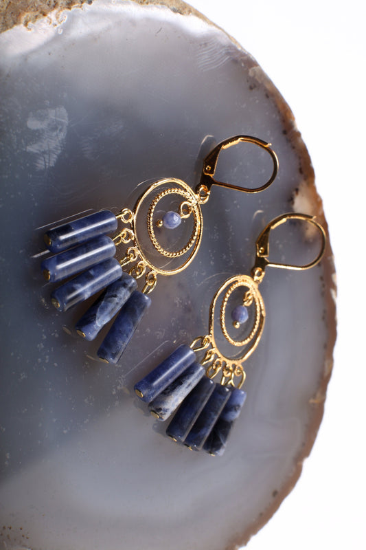 Genuine Sodalite Dangling Tube Gold Plated Chandelier Earrings, Bridesmaids, Boho, Handmade Gemstone, Leverback Earwire, Gift for Her