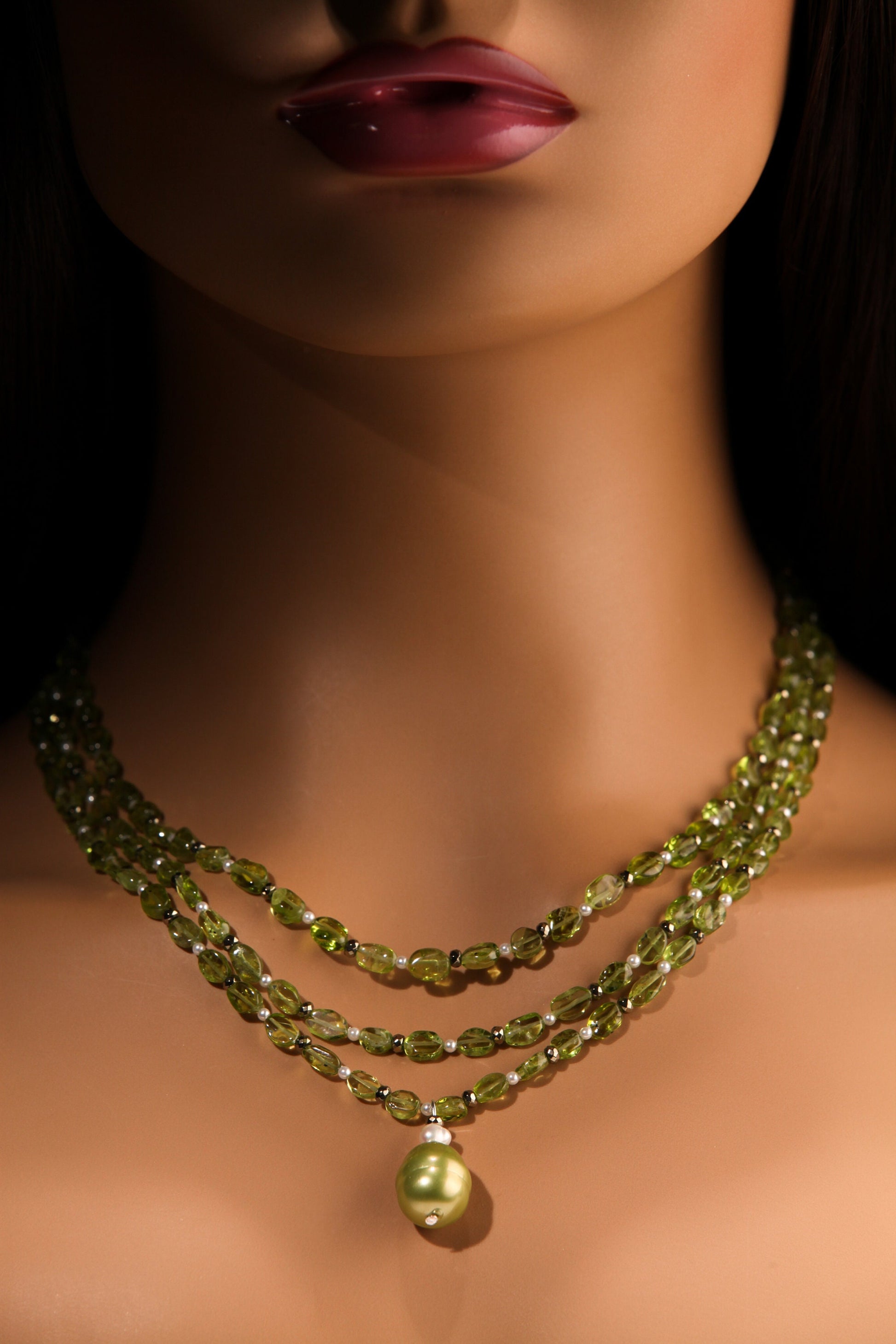 Peridot 3 Layered Necklace, Freshwater Pearl, Pyrite, South seaShell baroque Pendant
