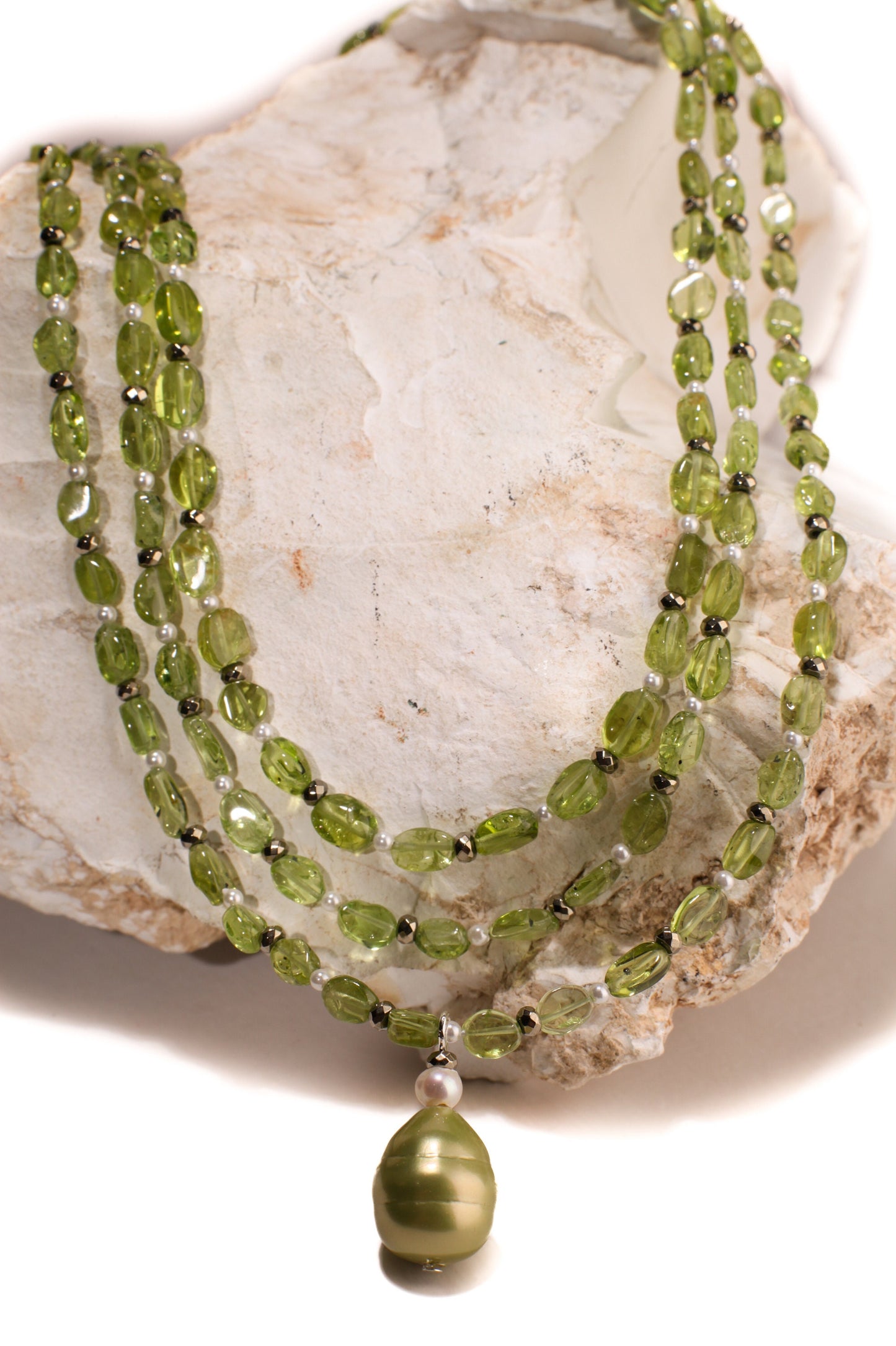 Peridot Layered Necklace, Freshwater Pearl, Pyrite, Sea Shell Pendant