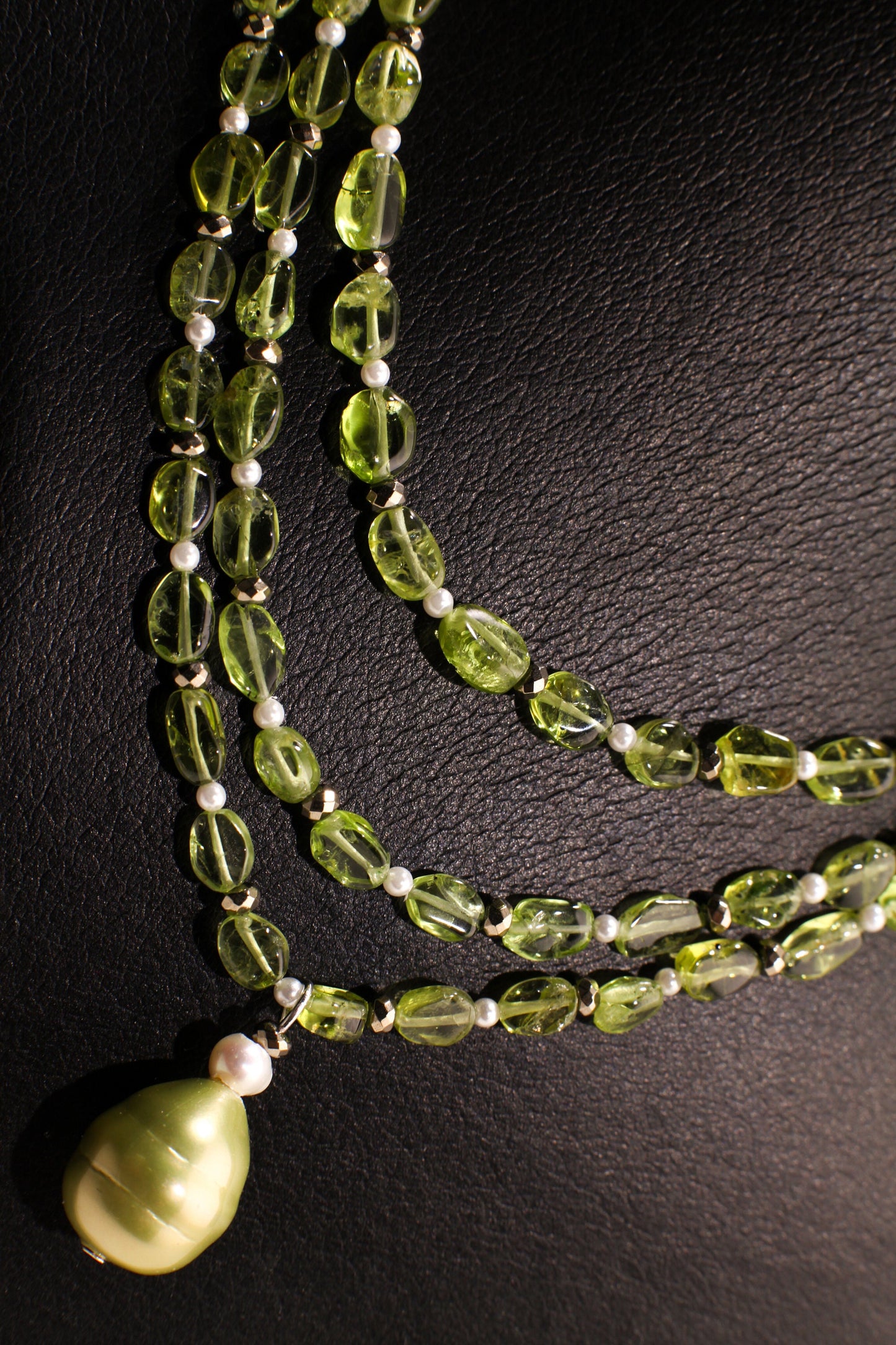 Peridot 3 Layered Necklace, Freshwater Pearl, Pyrite, South seaShell baroque Pendant