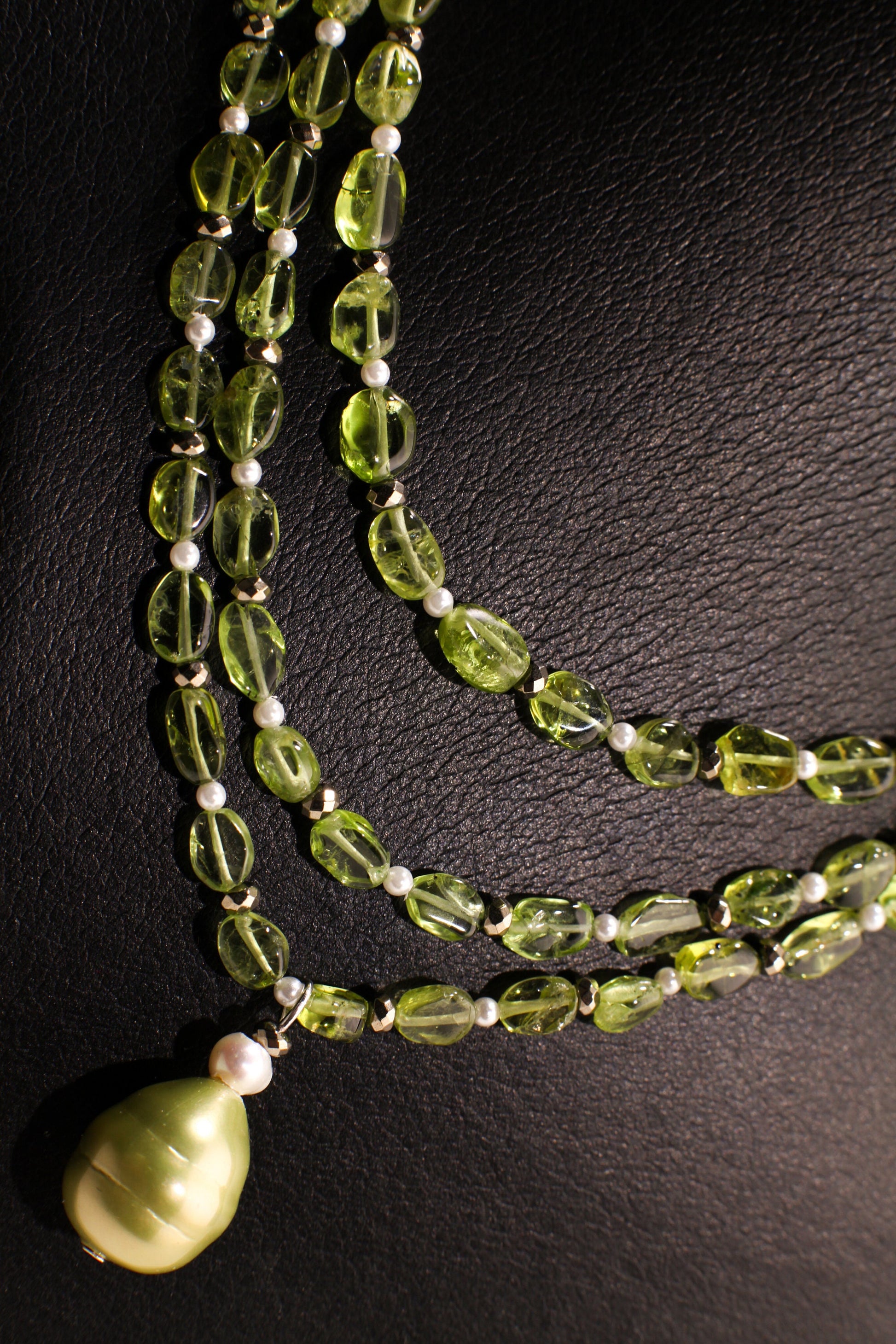 Peridot 3 Layered Necklace, Freshwater Pearl, Pyrite, South seaShell baroque Pendant