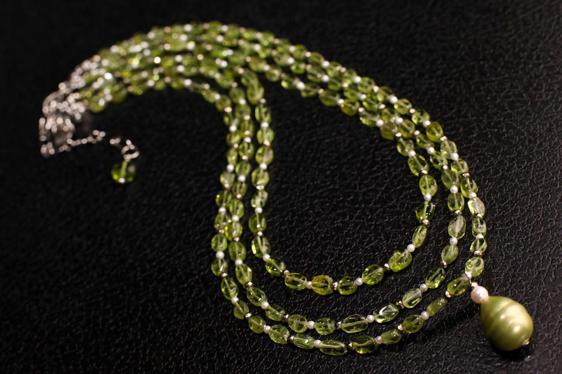 Peridot 3 Layered Necklace, Freshwater Pearl, Pyrite, South seaShell baroque Pendant