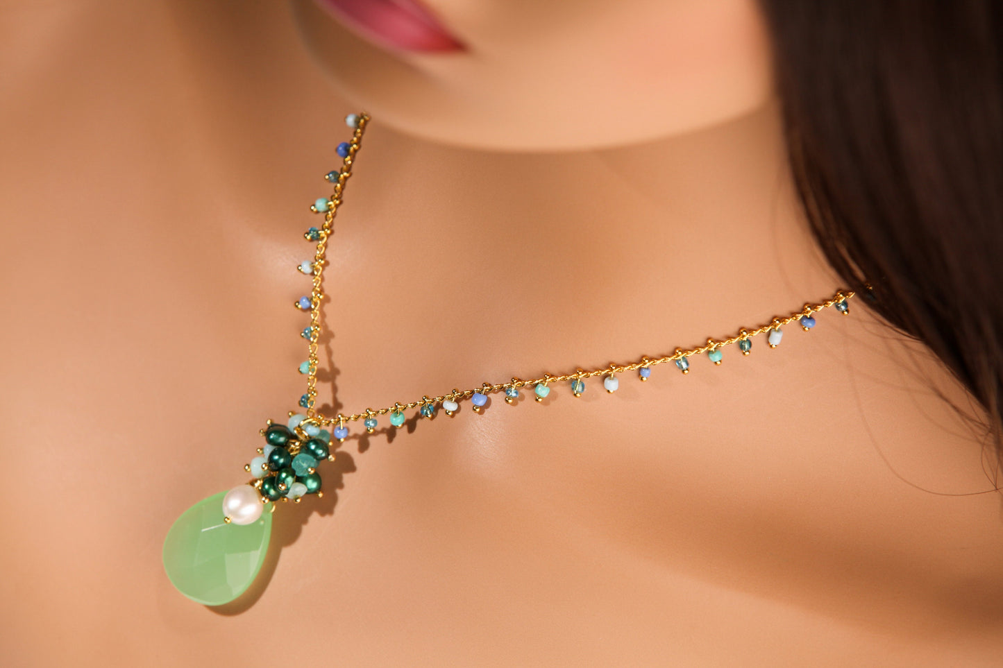 Green Chalcedony Pear Drop 16x25mm, Wire Wrapped 7mm Freshwater Pearl, Apatite, Amazonite, Green Pearl Clusters with Gold Rosary Chain