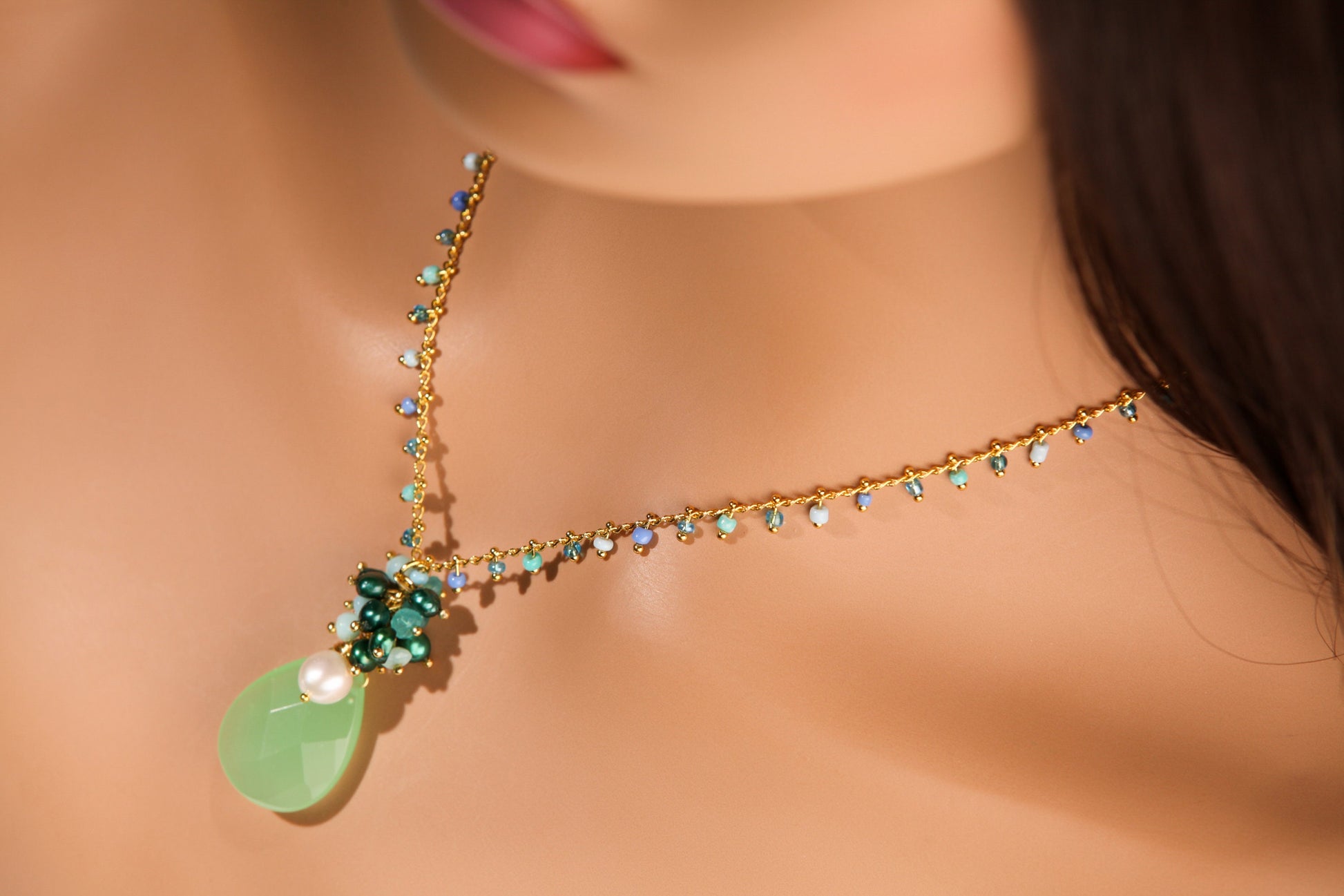 Green Chalcedony Pear Drop 16x25mm, Wire Wrapped 7mm Freshwater Pearl, Apatite, Amazonite, Green Pearl Clusters with Gold Rosary Chain