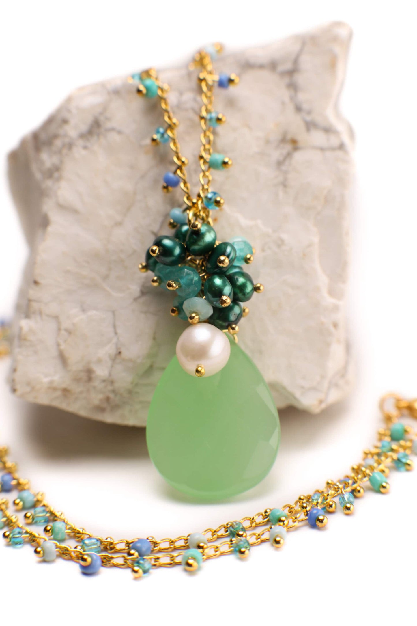 Green Chalcedony Pear Drop 16x25mm, Wire Wrapped 7mm Freshwater Pearl, Apatite, Amazonite, Green Pearl Clusters with Gold Rosary Chain