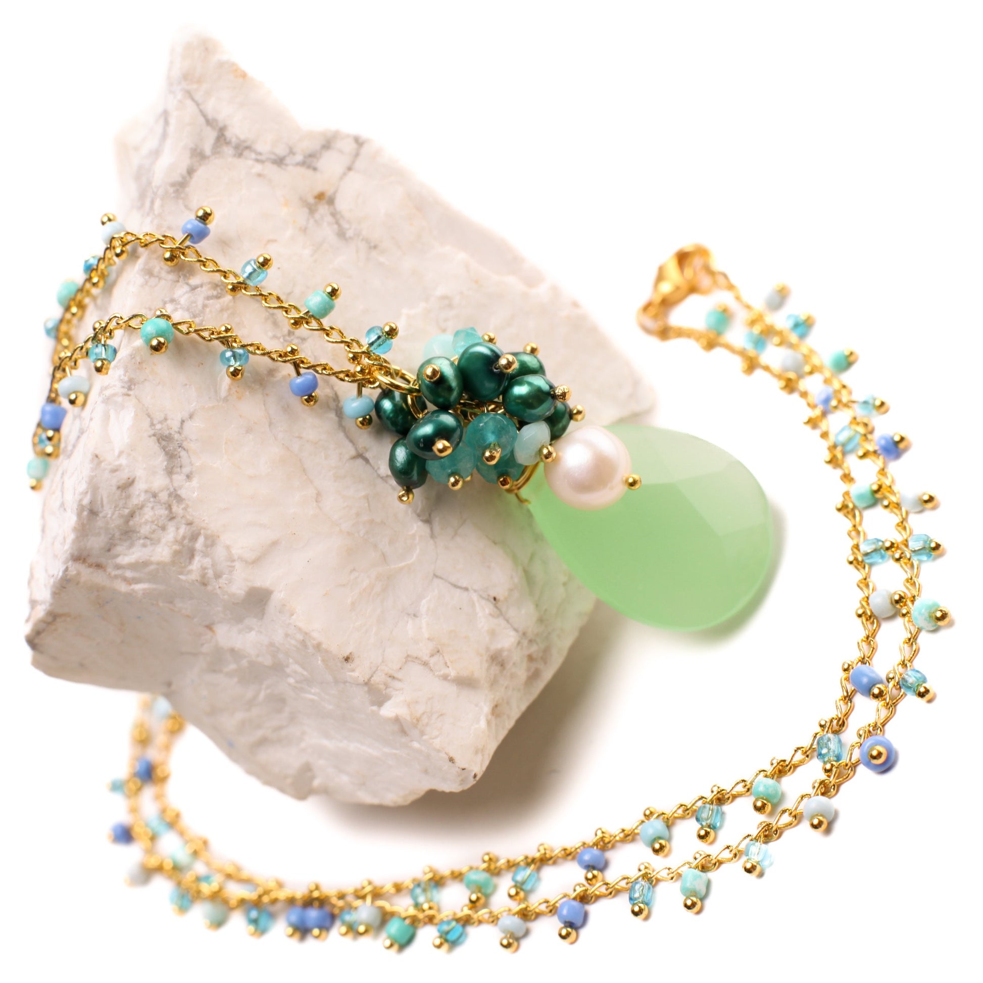 Green Chalcedony Pear Drop 16x25mm, Wire Wrapped 7mm Freshwater Pearl, Apatite, Amazonite, Green Pearl Clusters with Gold Rosary Chain