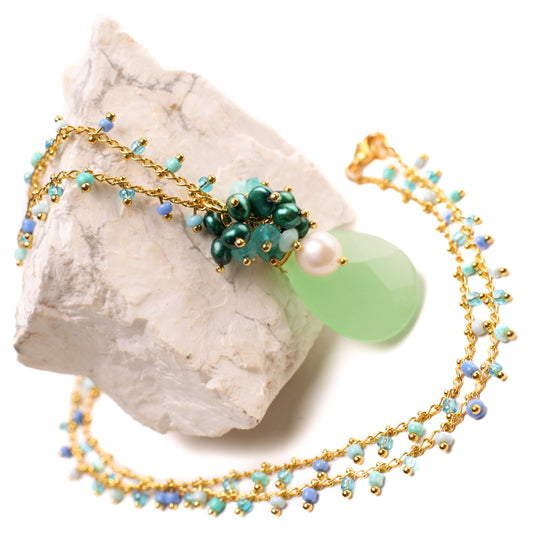 Green Chalcedony Pear Drop 16x25mm, Wire Wrapped 7mm Freshwater Pearl, Apatite, Amazonite, Green Pearl Clusters with Gold Rosary Chain