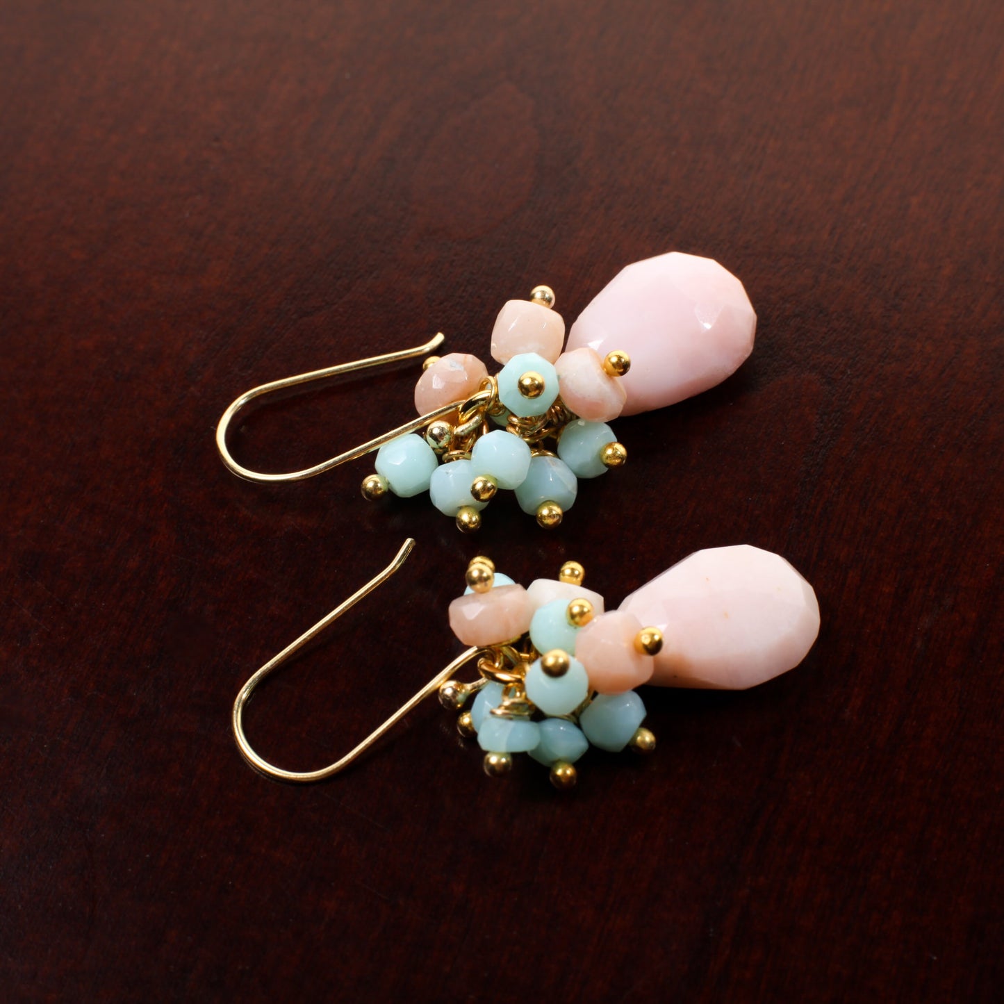 Pink, Blue Peruvian Opal Cluster Earring, Pink Opal Briolette in Gold Vermeil, Gold Over Sterling Silver Ear Wire, Soothing Gem, Boho, Gift