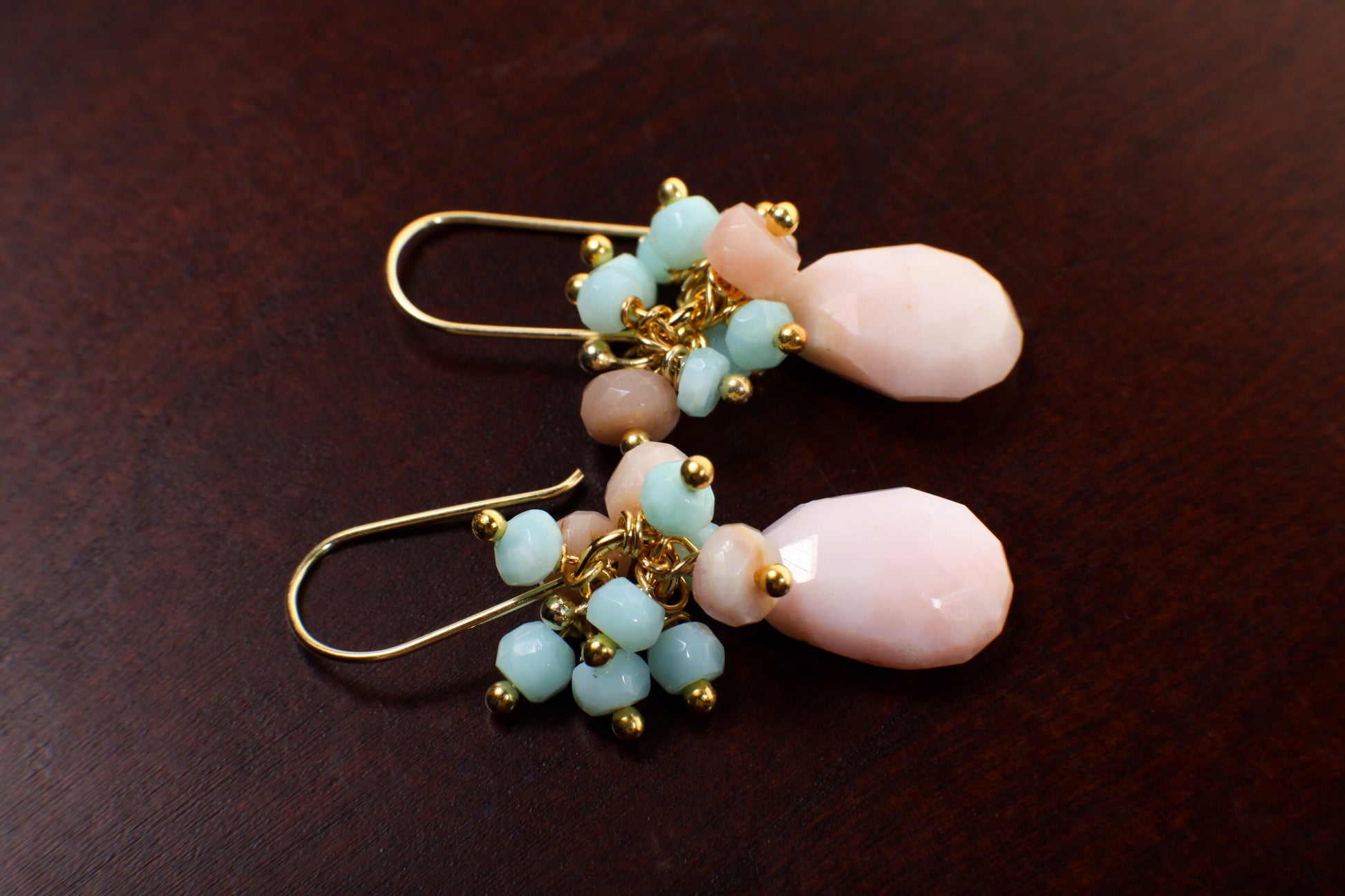 Pink, Blue Peruvian Opal Cluster Earring, Pink Opal Briolette in Gold Vermeil, Gold Over Sterling Silver Ear Wire, Soothing Gem, Boho, Gift