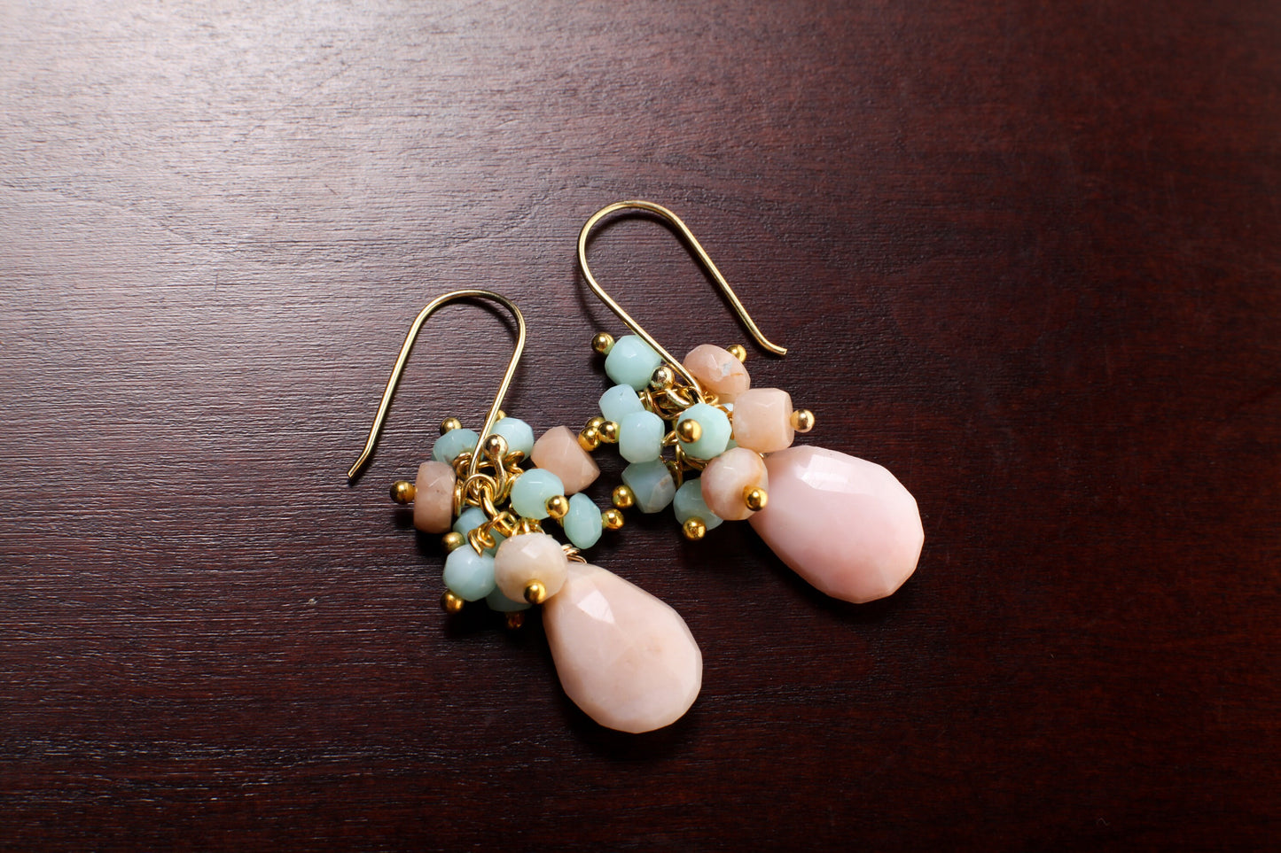 Pink, Blue Peruvian Opal Cluster Earring, Pink Opal Briolette in Gold Vermeil, Gold Over Sterling Silver Ear Wire, Soothing Gem, Boho, Gift