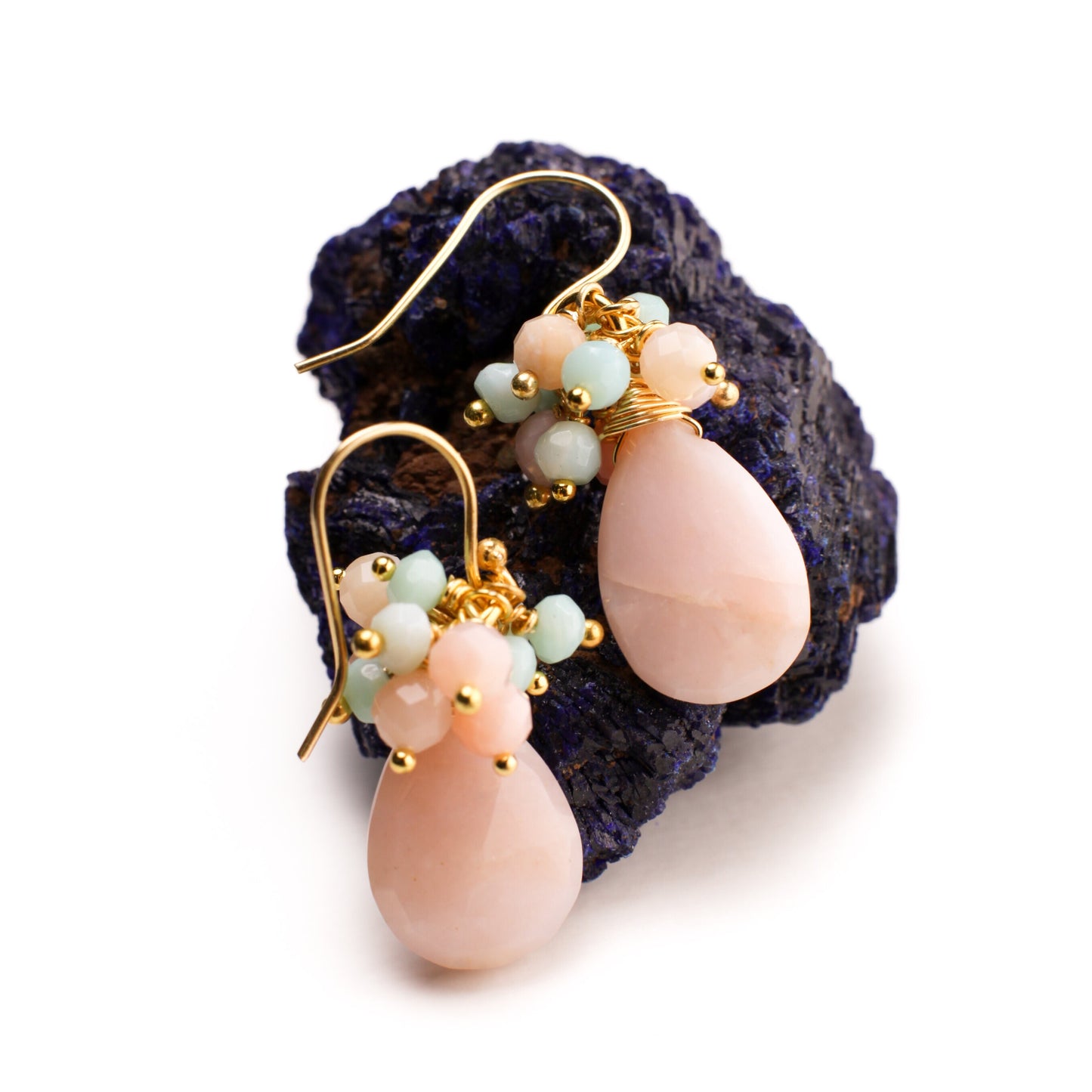 Pink, Blue Peruvian Opal Cluster Earring, Pink Opal Briolette in Gold Vermeil, Gold Over Sterling Silver Ear Wire, Soothing Gem, Boho, Gift