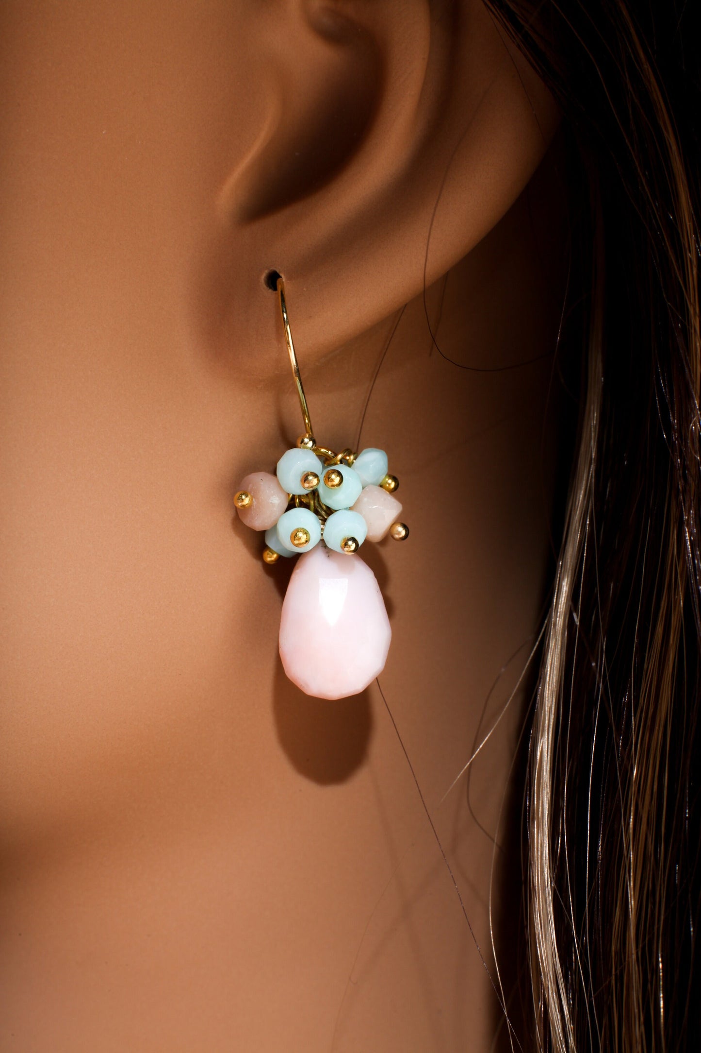 Pink, Blue Peruvian Opal Cluster Earring, Pink Opal Briolette in Gold Vermeil, Gold Over Sterling Silver Ear Wire, Soothing Gem, Boho, Gift