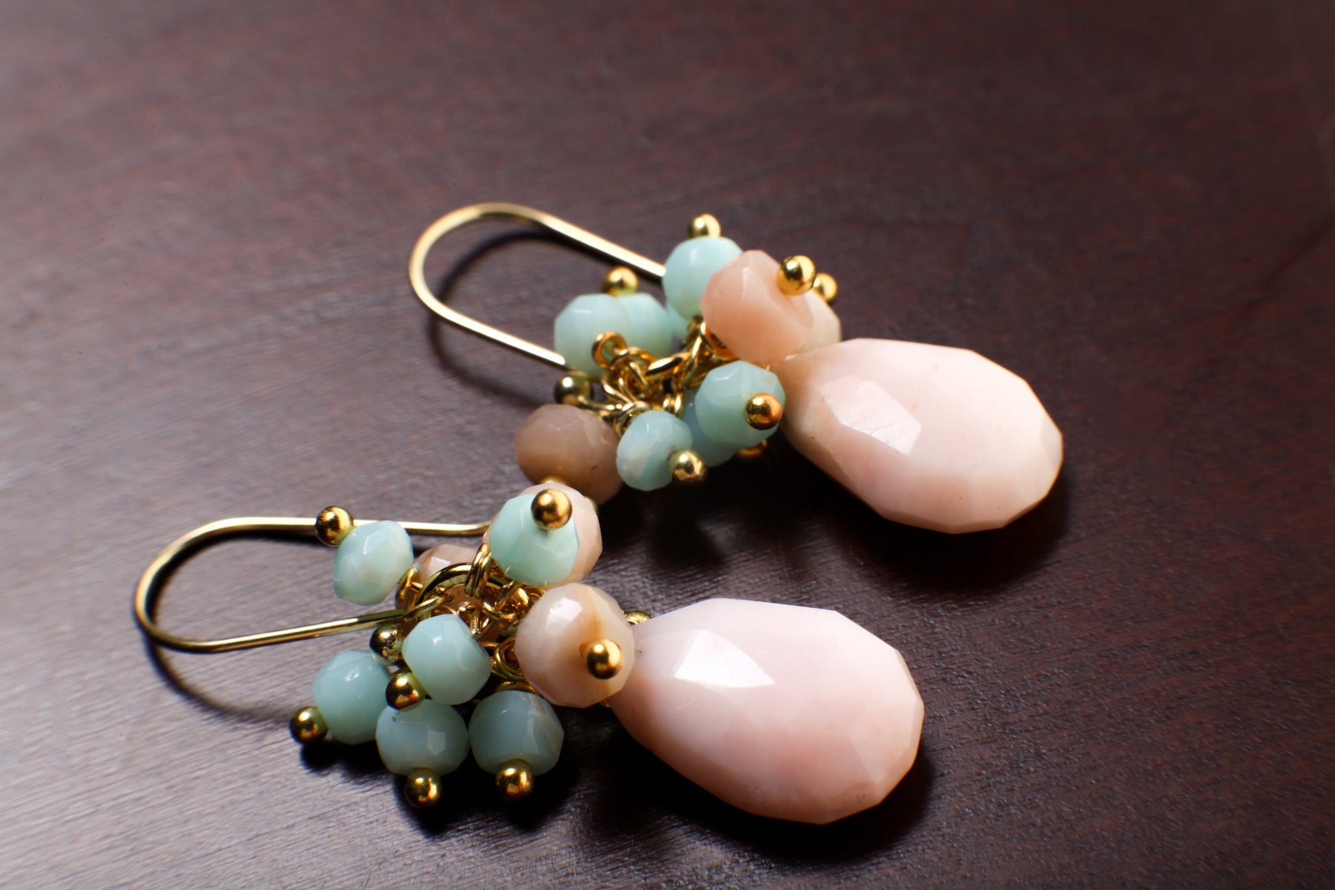 Pink, Blue Peruvian Opal Cluster Earring, Pink Opal Briolette in 14k Gold Filled, Gold Vermeil cluster Earrings Soothing gem Boho, Gift
