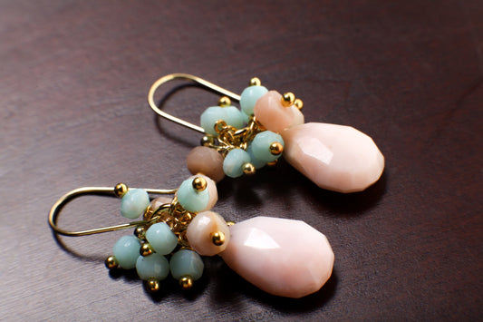 Pink, Blue Peruvian Opal Cluster Earring, Pink Opal Briolette in 14k Gold Filled, Gold Vermeil cluster Earrings Soothing gem Boho, Gift