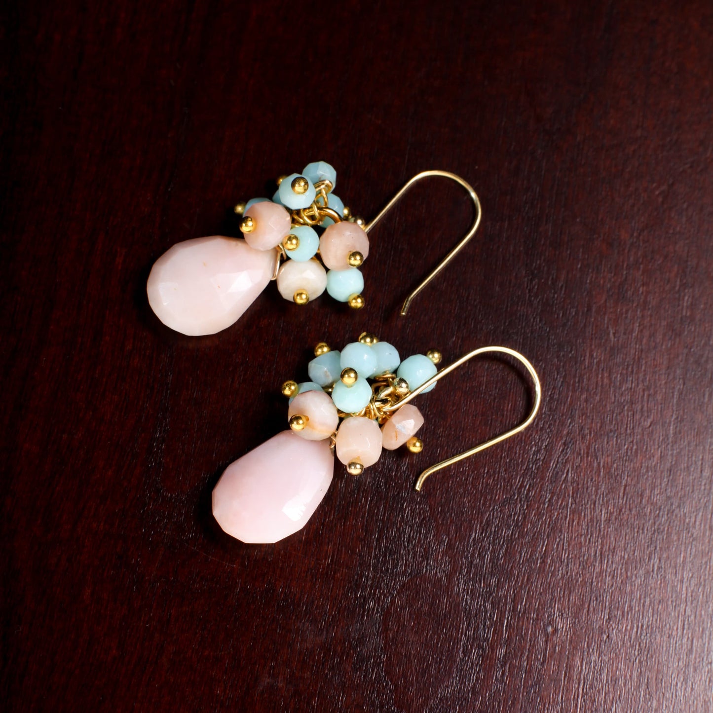 Pink, Blue Peruvian Opal Cluster Earring, Pink Opal Briolette in Gold Vermeil, Gold Over Sterling Silver Ear Wire, Soothing Gem, Boho, Gift
