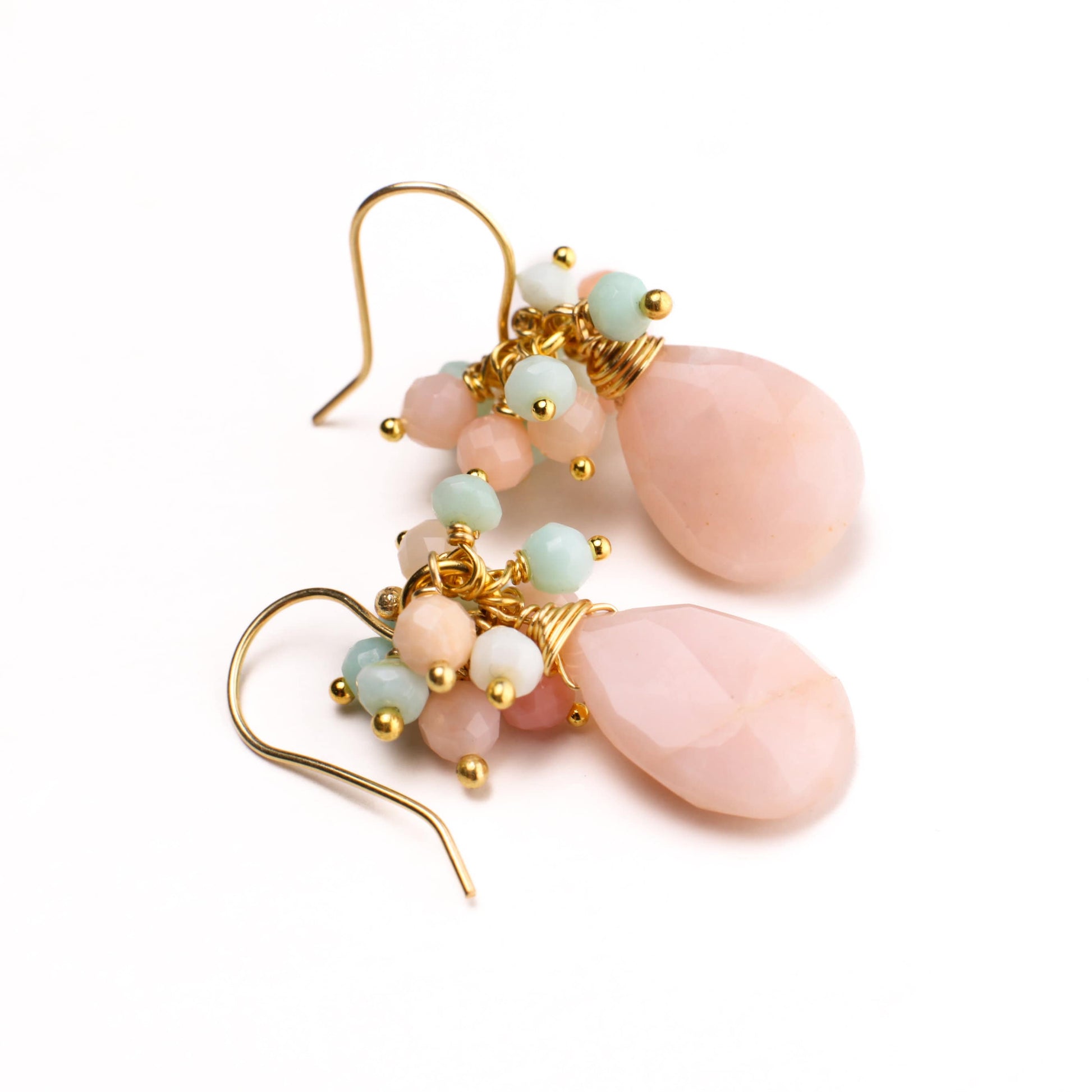 Pink, Blue Peruvian Opal Cluster Earring, Pink Opal Briolette in Gold Vermeil, Gold Over Sterling Silver Ear Wire, Soothing Gem, Boho, Gift