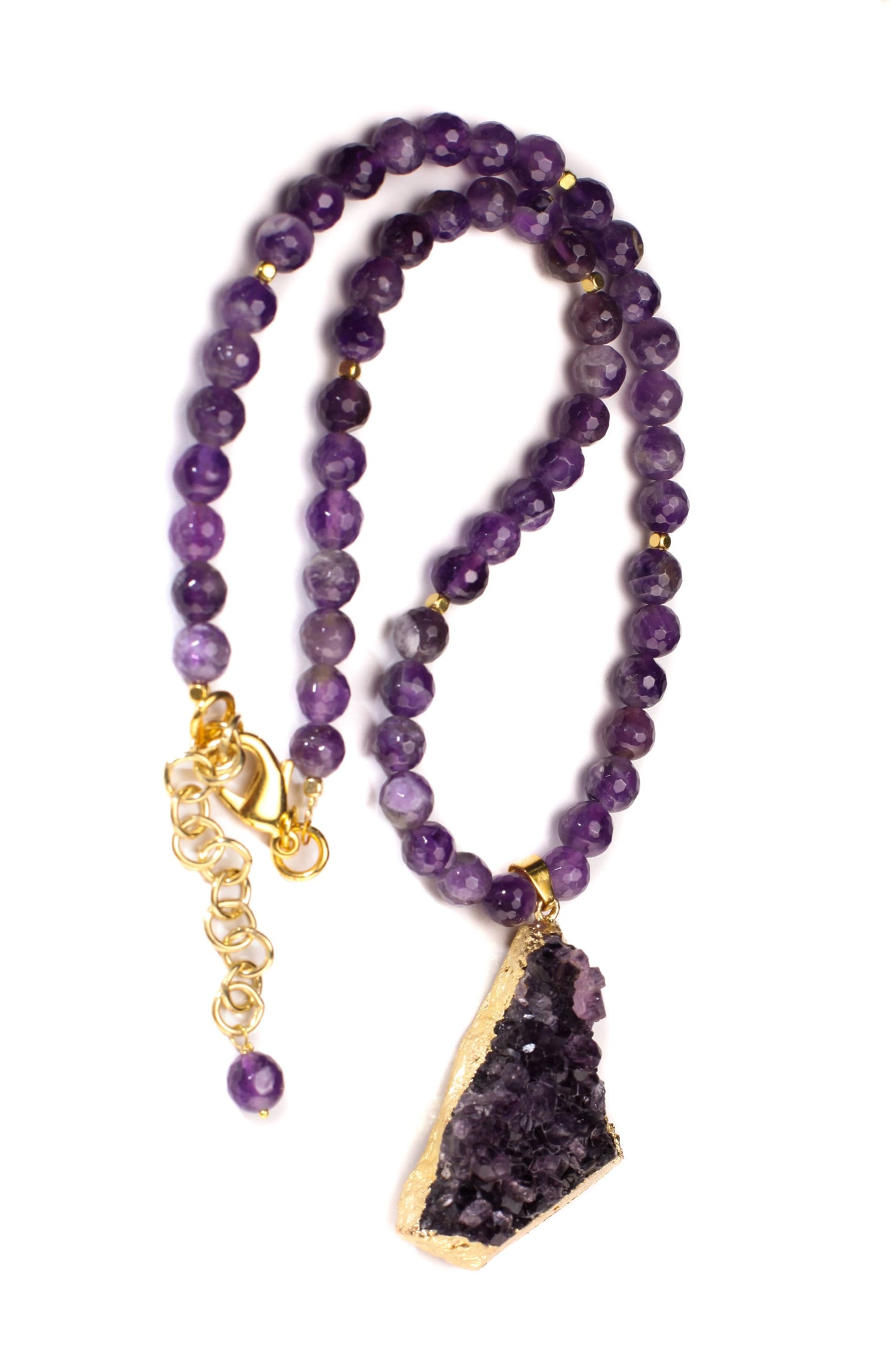 Amethyst Geode Raw Druzy Chunk 30x47mm long , 16mm thick Pendant, 8mm Natural Faceted Amethyst bead 18”gold Necklace 2" Extension Chain
