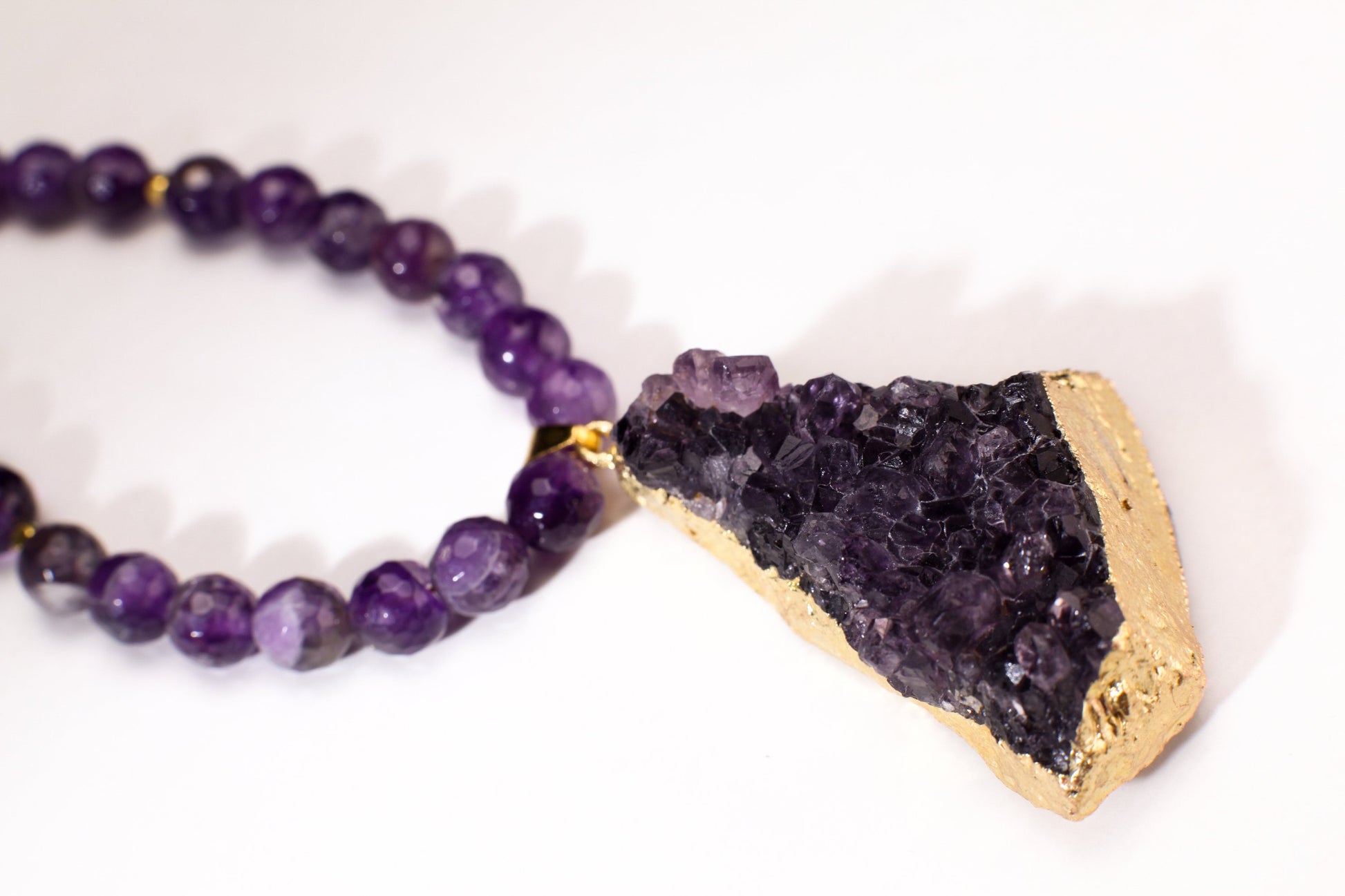 Amethyst Geode Raw Druzy Chunk 30x47mm long , 16mm thick Pendant, 8mm Natural Faceted Amethyst bead 18”gold Necklace 2" Extension Chain