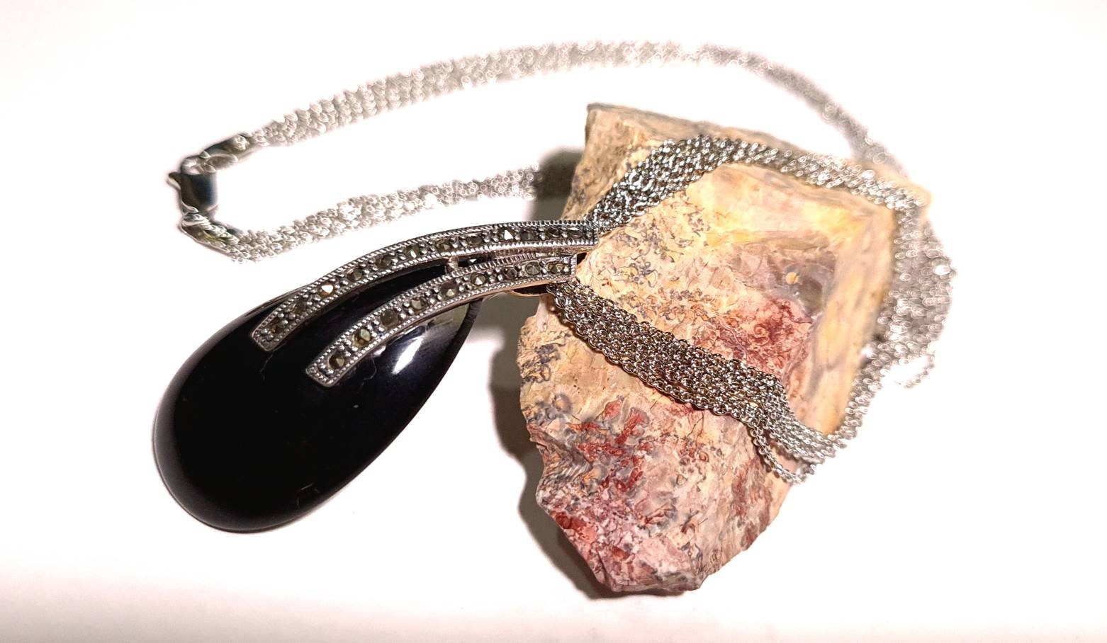 Marcasite 925 Sterling Silver Black Onyx Teardrop Pendant Necklace with 5 Line Rhodium Non Tarnish Sterling Chain 20x44mm Vintage, Antique