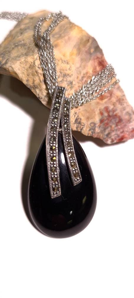 Marcasite 925 Sterling Silver Black Onyx Teardrop Pendant Necklace with 5 Line Rhodium Non Tarnish Sterling Chain 20x44mm Vintage, Antique