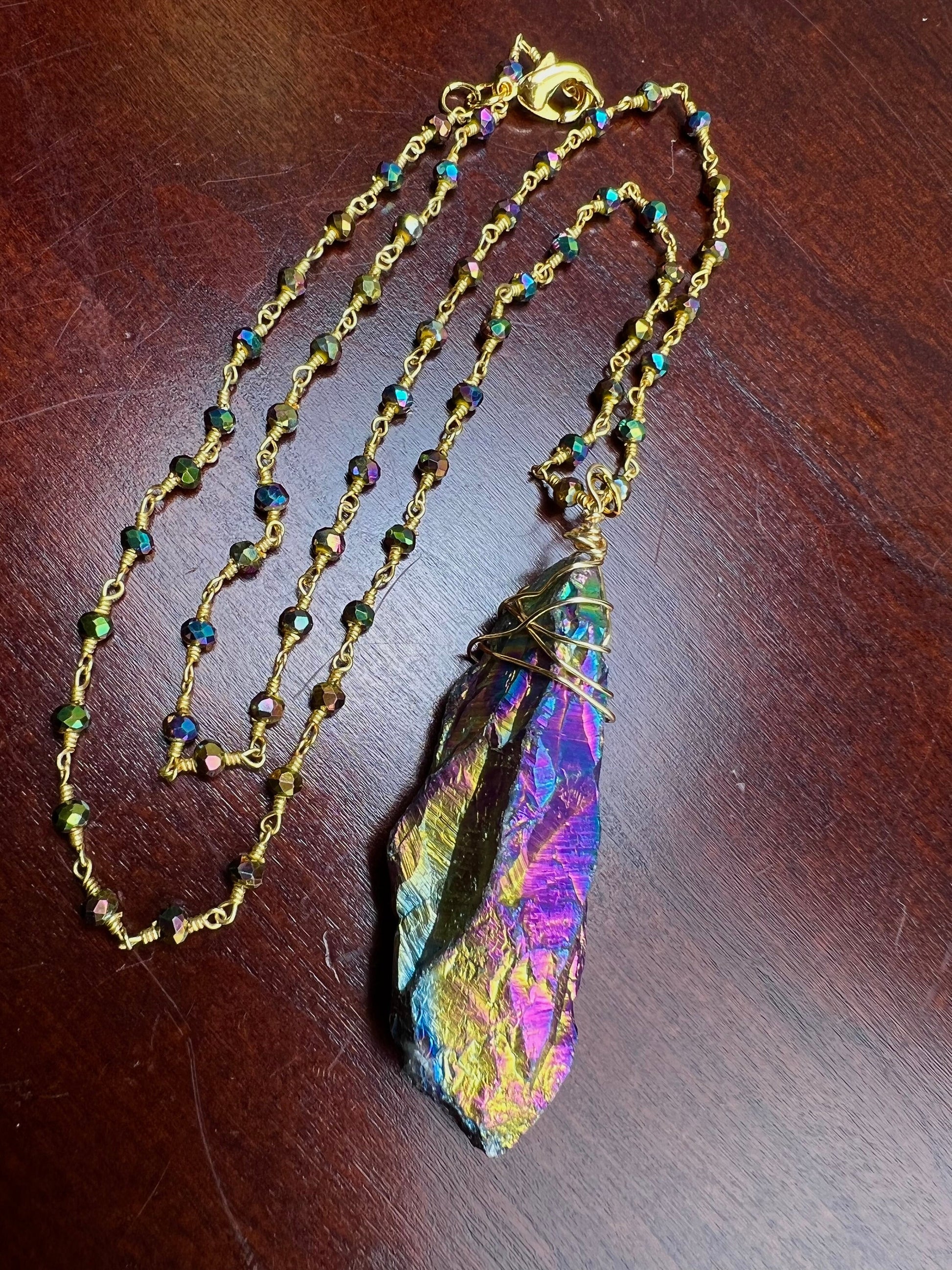 Natural Rock Crystal Raw Druzy iridescent rainbow purple gold blue shaded gold Wire Wrapped with matching crystal Chain Necklace 20”