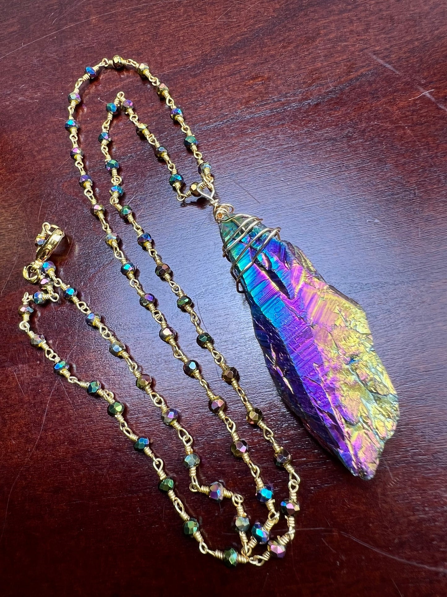 Natural Rock Crystal Raw Druzy iridescent rainbow purple gold blue shaded gold Wire Wrapped with matching crystal Chain Necklace 20”