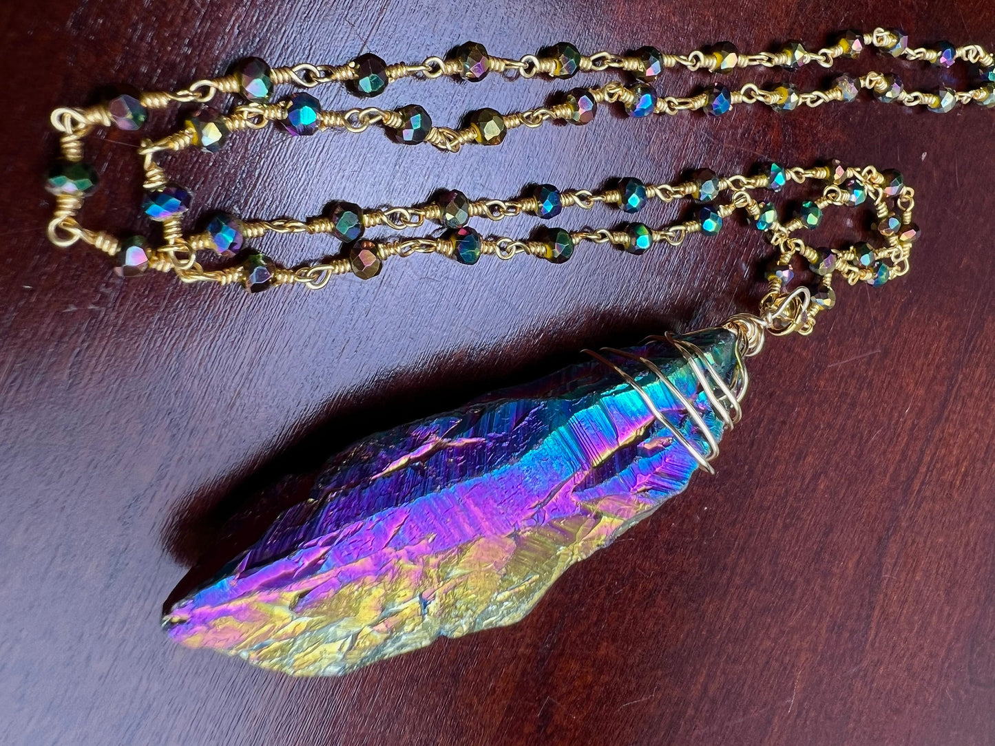 Natural Rock Crystal Raw Druzy iridescent rainbow purple gold blue shaded gold Wire Wrapped with matching crystal Chain Necklace 20”