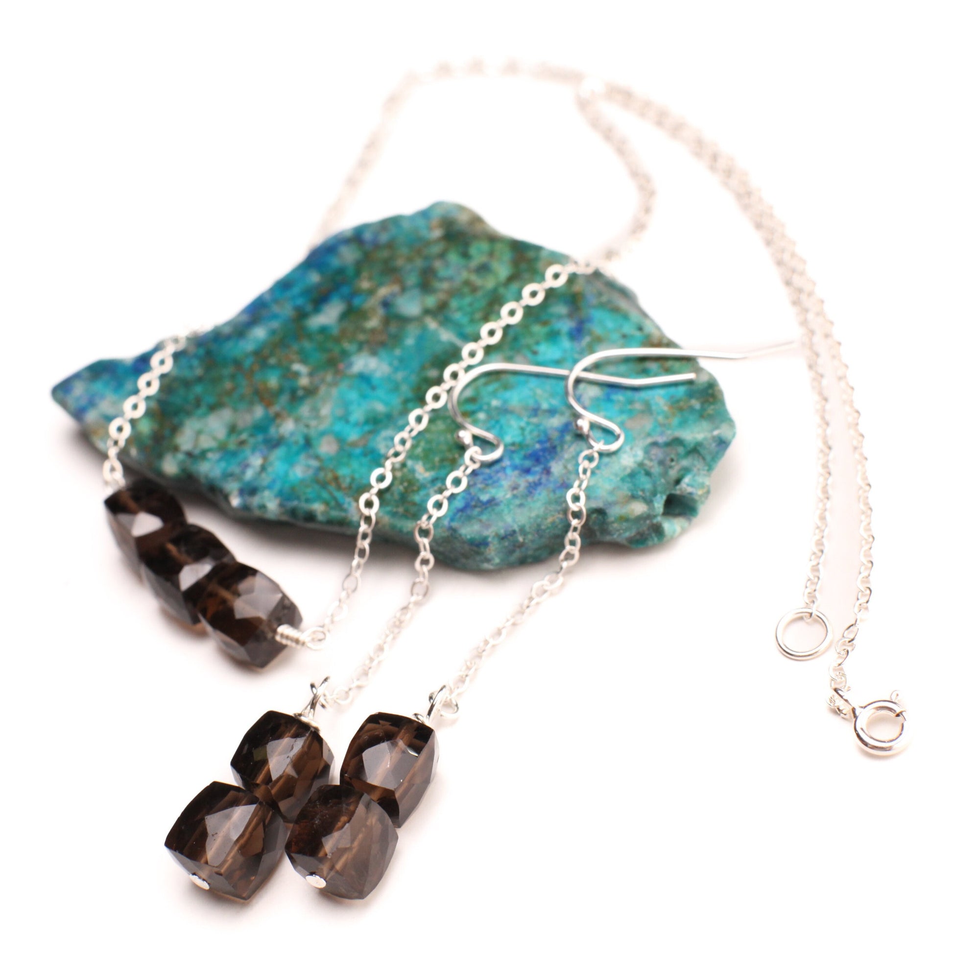 Natural Smokey Quartz 8mm Cube Wire Wrapped in 925 Sterling Silver Matching Earrings Necklace Jewelry Set