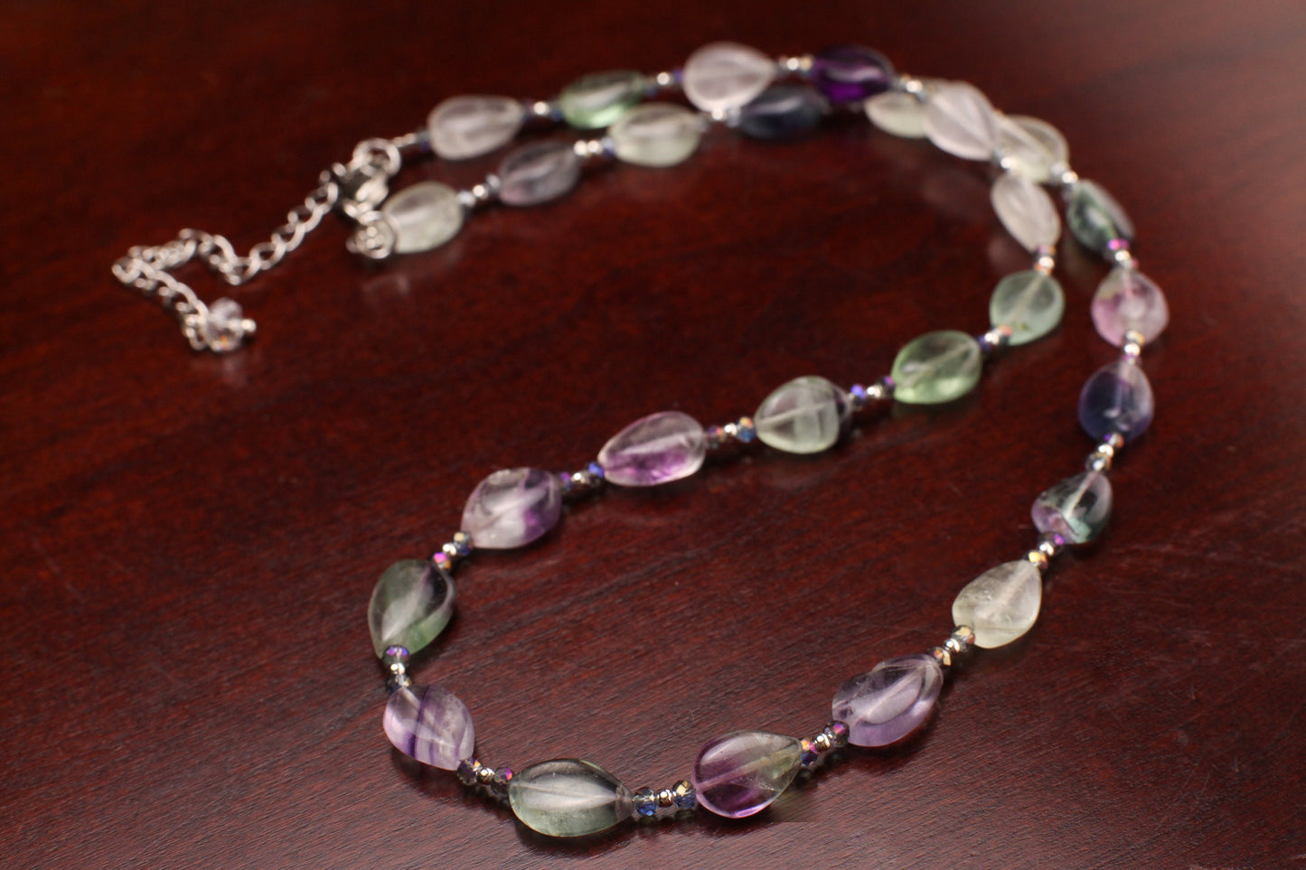 Natural Rainbow Fluorite 8.5x12mm Pear Drop Gemstone Silver Necklace with 2" Extender Choker layering, prom, graduation ,June Birthstone