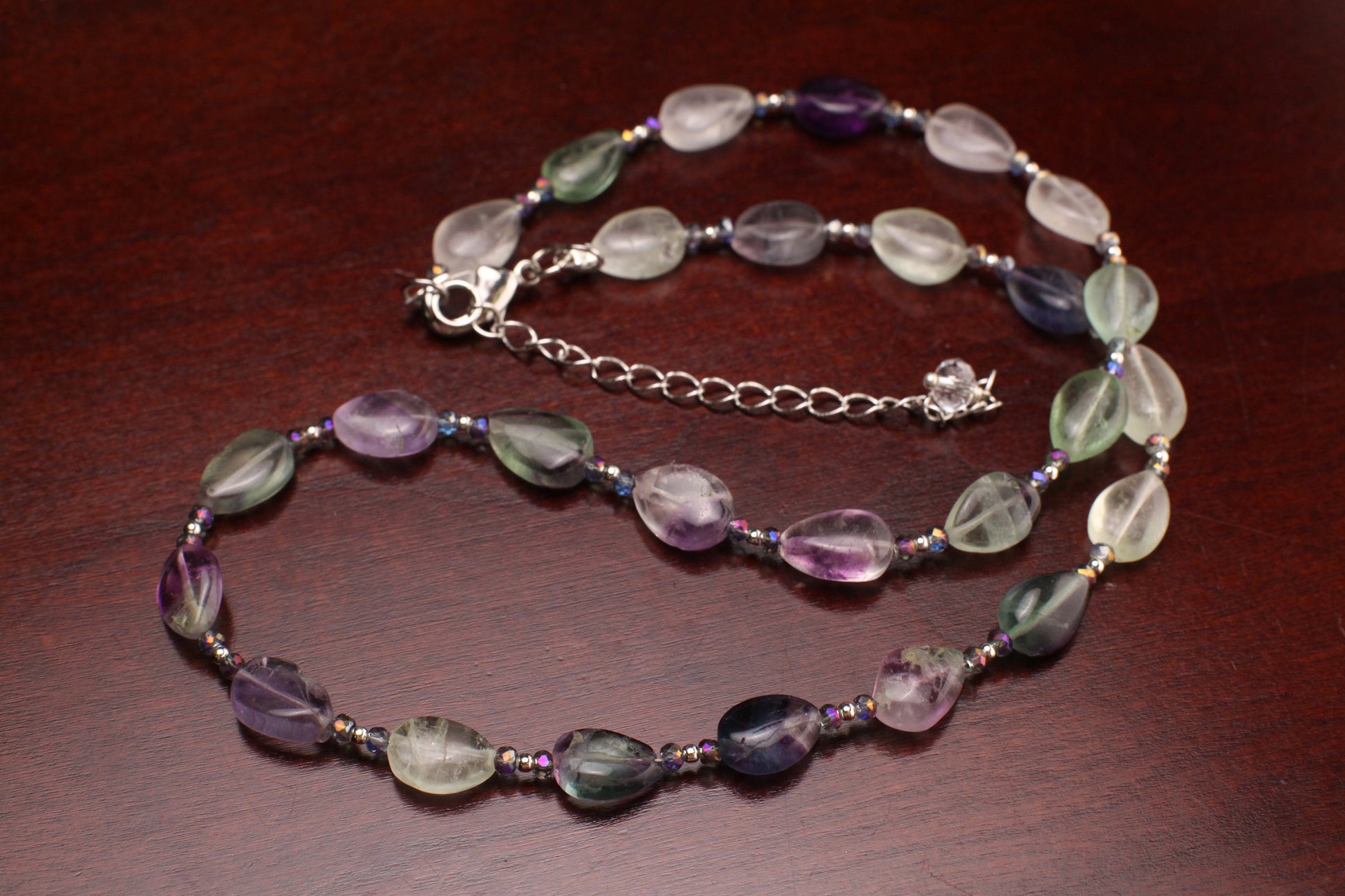 Natural Rainbow Fluorite 8.5x12mm Pear Drop Gemstone Silver Necklace with 2" Extender Choker layering, prom, graduation ,June Birthstone